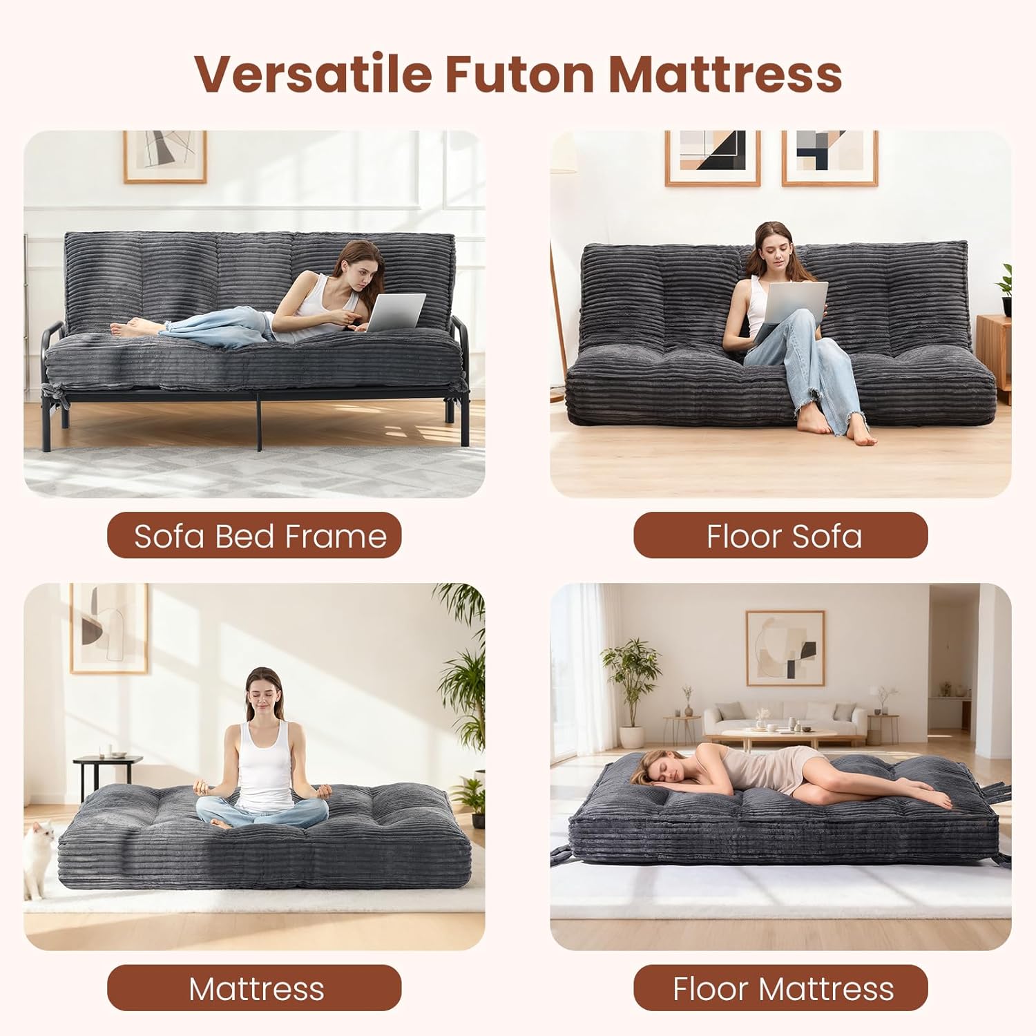 10' Futon Mattress Queen Size,Futons Sofa Couch Bed with Straps, Thick Corduroy Floor Mattress for Adults, Roll Up Folding Mattress Shredded Foam Filling, Medium Firm (Gray, Full)