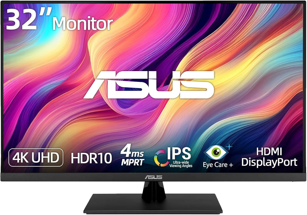 ASUS 32' 4K UHD Monitor, 3840 x 2160 IPS Display, HDR10, Adaptive-Sync, 99% sRGB, Built-in Speakers, Eye Care, DisplayPort HDMI, VESA Mountable Professional Desktop Gaming Display - Black