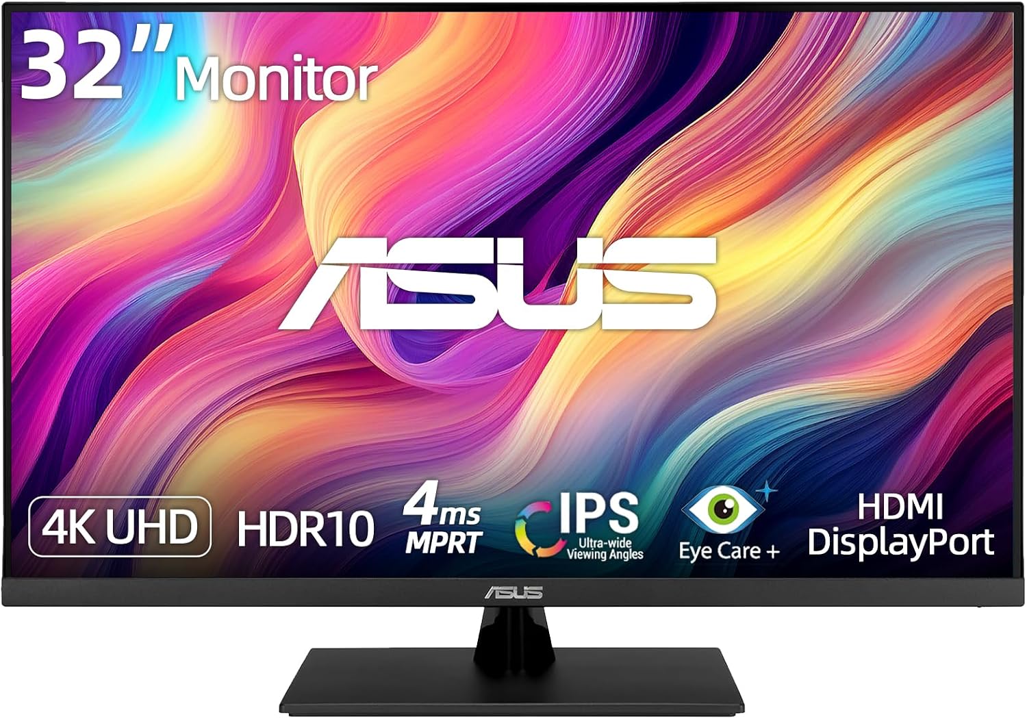 ASUS 32' 4K UHD Monitor, 3840 x 2160 IPS Display, HDR10, Adaptive-Sync, 99% sRGB, Built-in Speakers, Eye Care, DisplayPort HDMI, VESA Mountable Professional Desktop Gaming Display - Black