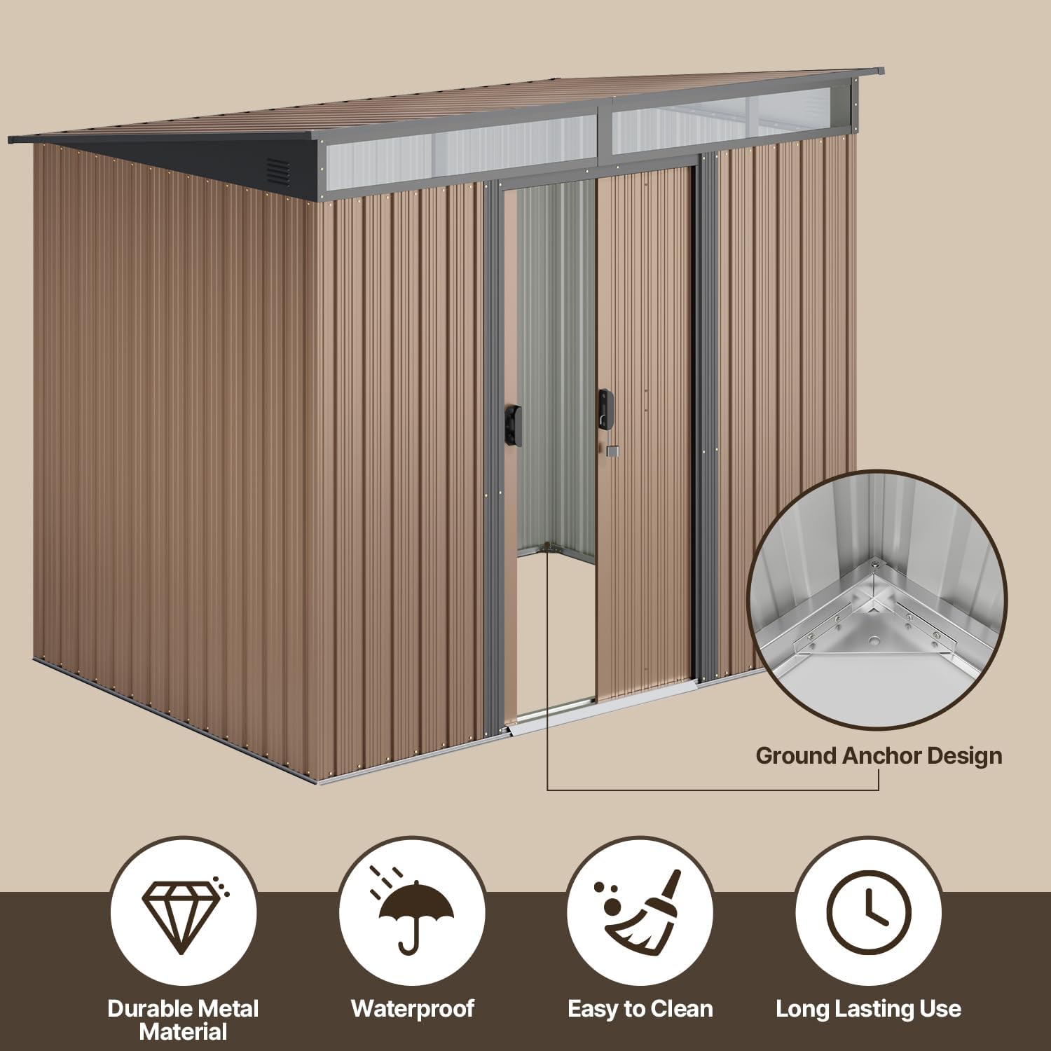 Gizoon 7.4'x5.3' Outdoor Storage Shed Metal Garden Shed with Sliding Lockable Doors, Versatile Tool Bike Shed with Transparent Panel Windows, Outdoor Storage Clearance for Backyard, Patio, Light Brown