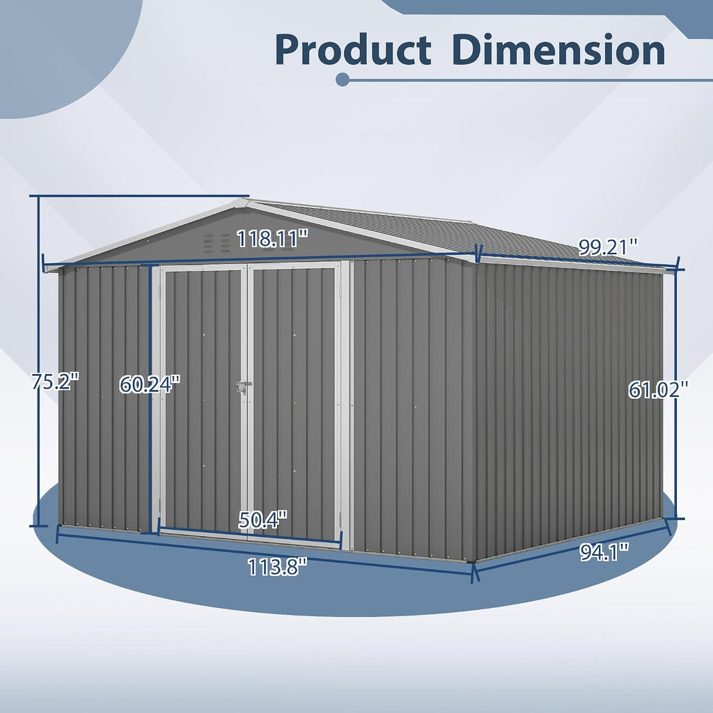 10x8 FT Outdoor Storage Shed with Lockable Double Doors, Aluminum Frame, Weatherproof with Frame Floor, Metal Tool Shed for Garden, Backyard, Patio, and Equipment Storage
