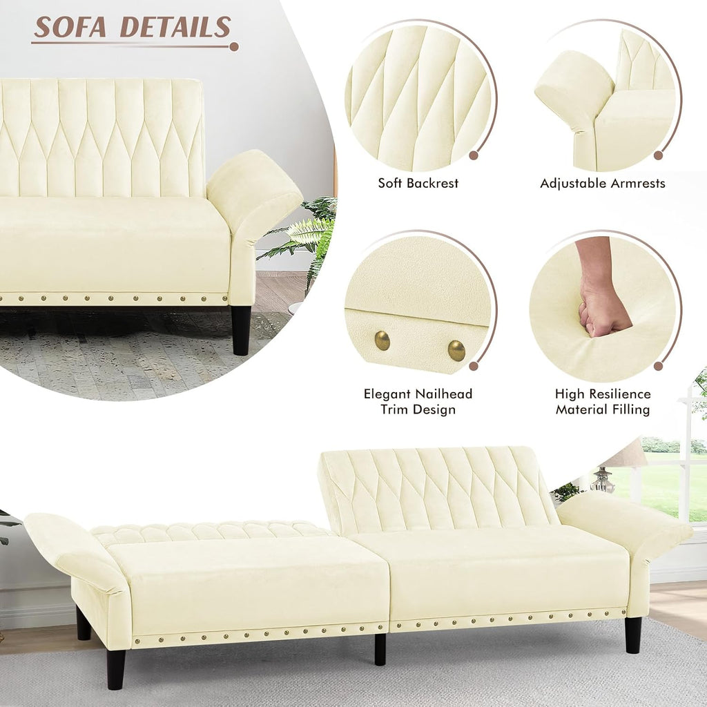 77' Velvet Sofa Bed with Adjustable Armrests and Backrests,Tufted Convertible Futon Couch with Nailhead Trim, Loveseat Modern Velvet Sleeper Sofa for Living Room,Bedroom,Office, Beige