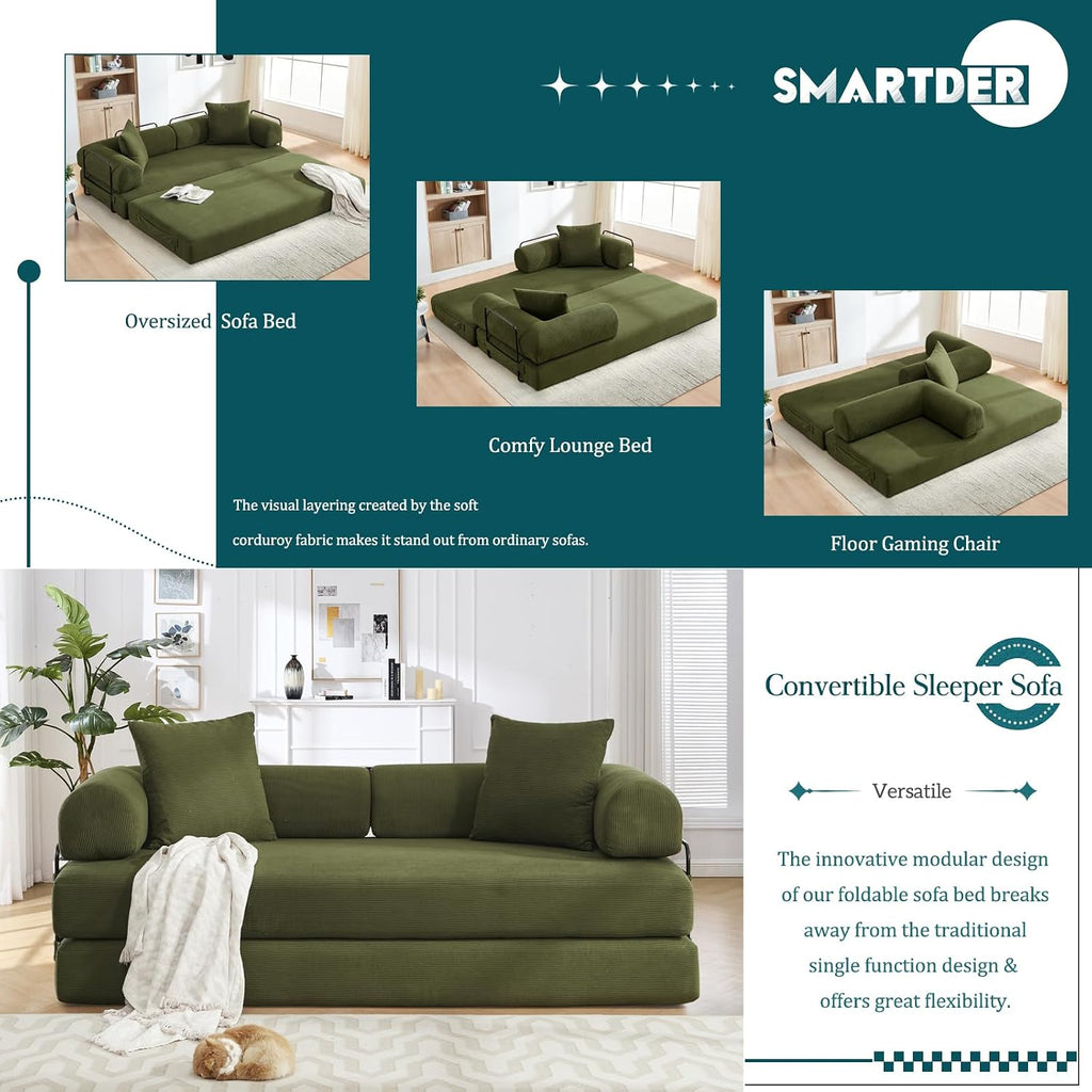 Convertible Folding Sofa Bed, Modular Floor Sofa with Removable Backrest, 3-Seater Fold Out Couch Bed with Pillows, King Size Futon Lazy Couch Corduroy Sleeper for Living Room, Dorm, Green