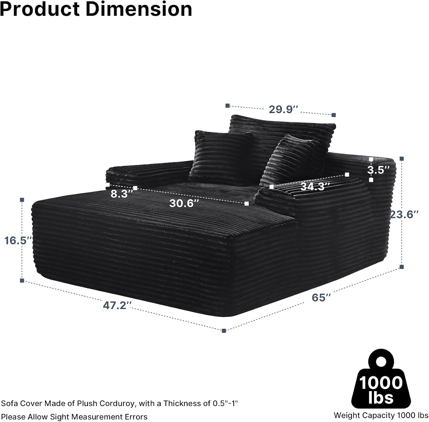 65'' Chaise Lounge Chair Indoor, Black Corduroy Sofa Bed, Boneless Lounge Chair, Oversized Sleeper Sofa, Black Corduroy Cloud Couch Reading Chair for Living Room No Assembly