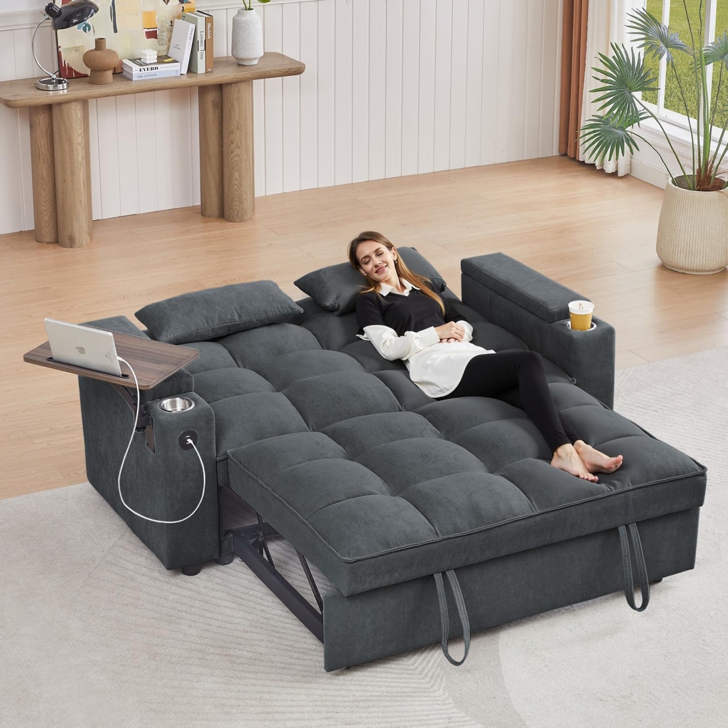 oaaktu 65''Convertible Sleeper Sofa Bed,3-in-1 Pull Out Couch Bed with 360 Degree rotatable Side Table and USB Ports for Living Room,RV (07Dark Grey)