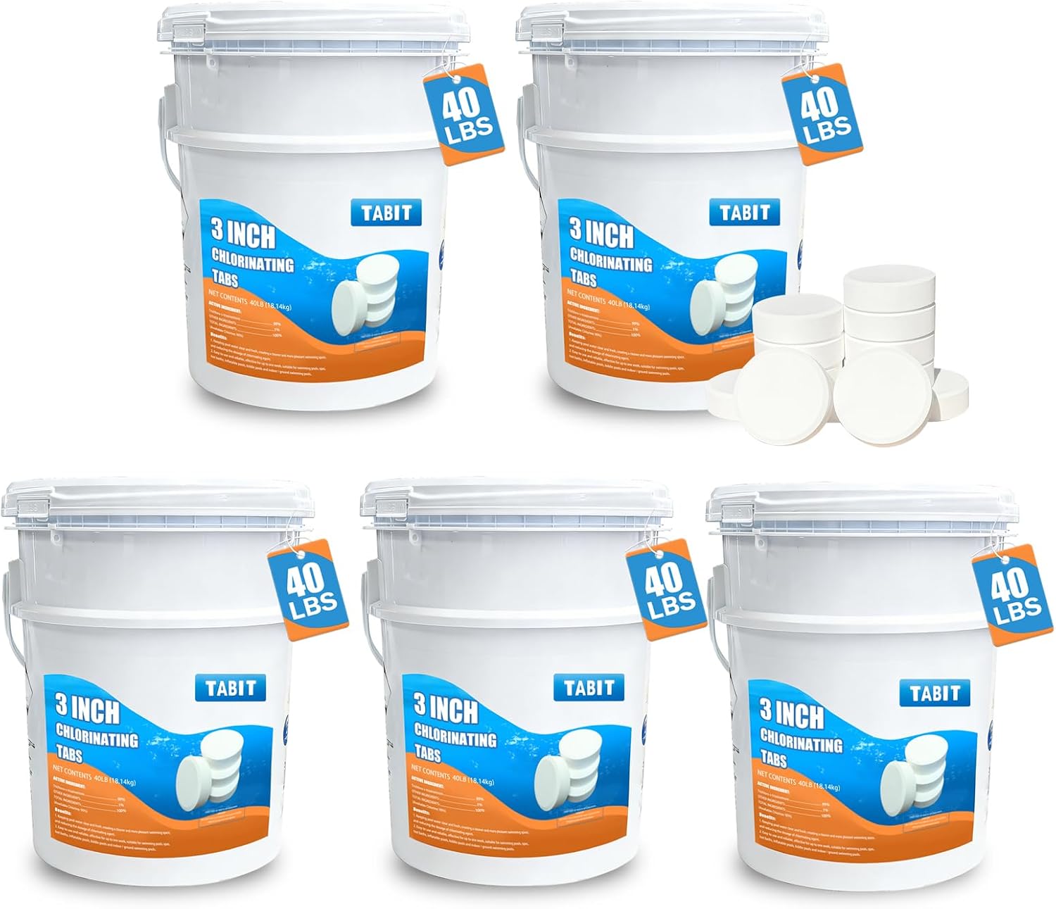 TABIT 200 lbs Chlorine Tablets 3 Inch for Swimming Pools – Slow Dissolving & Long Lasting – 99% Available Chlorine Tri-Chlor – Kills Bacteria & Stops Algae – 5 x 40 lb Buckets