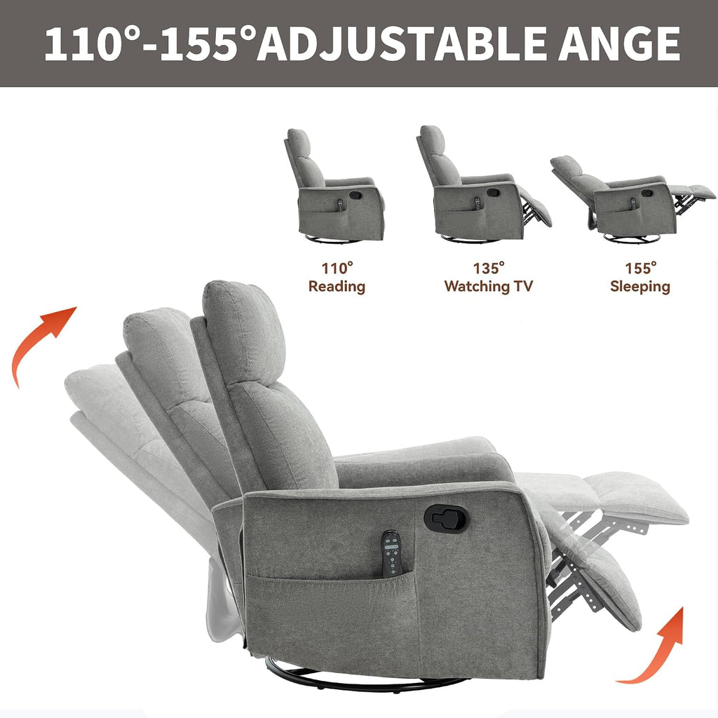 Massage Chair Recliner with Heat, 360° Swivel Glider Rocker with Reclining Backrest and Footrest, Manual Lazy Boy Recliners for Adults, Modern Nursery Rocking Chairs (Grey)
