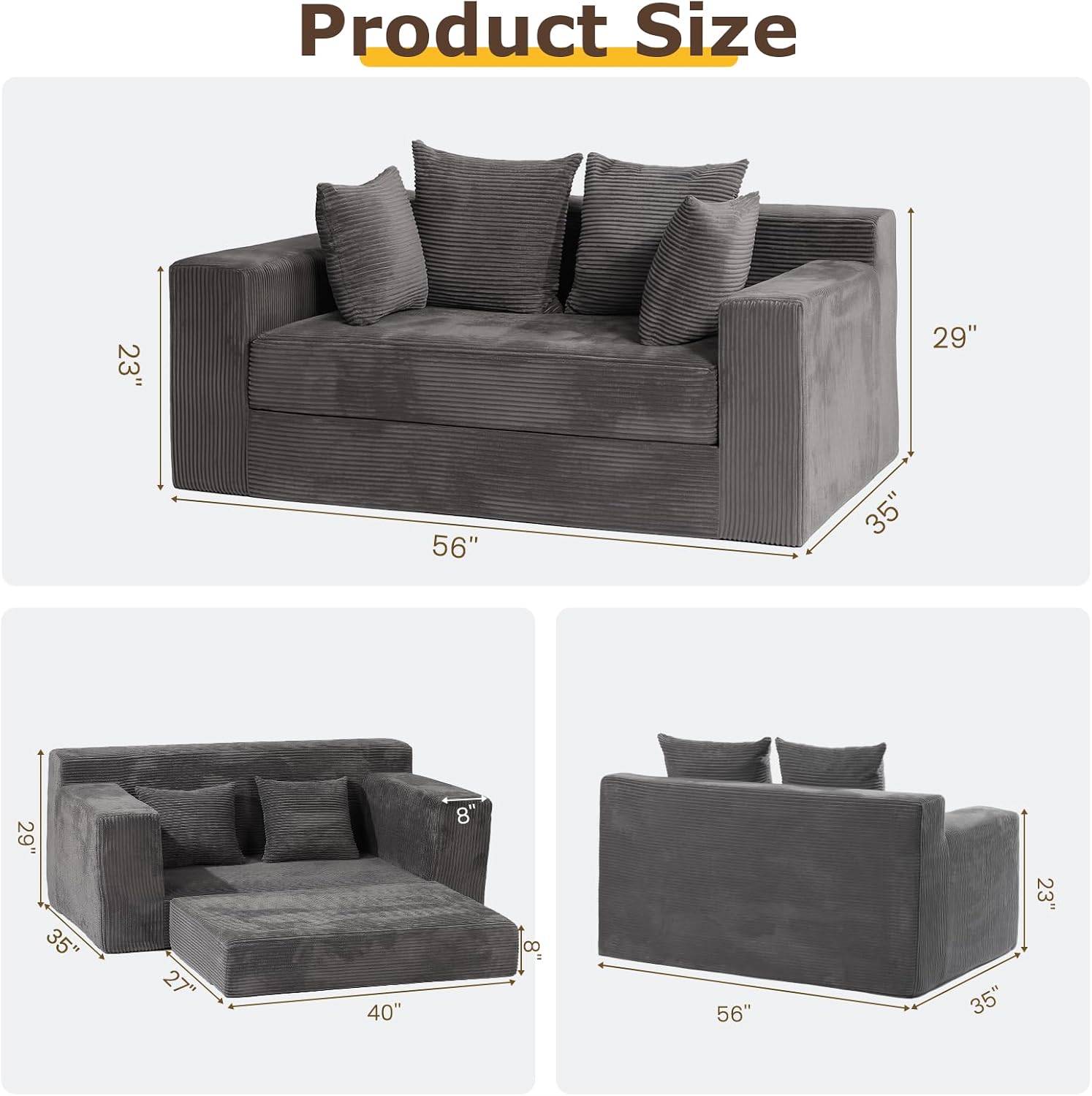 cidludto Convertible Sofa Bed, 3 in 1 Loveseat Folding Couch Bed Foldable - Boneless Couch & Floor Futon Sleeper, Corduroy Pull Out Sofa Bed with 4 Pillows for Living Room, Grey