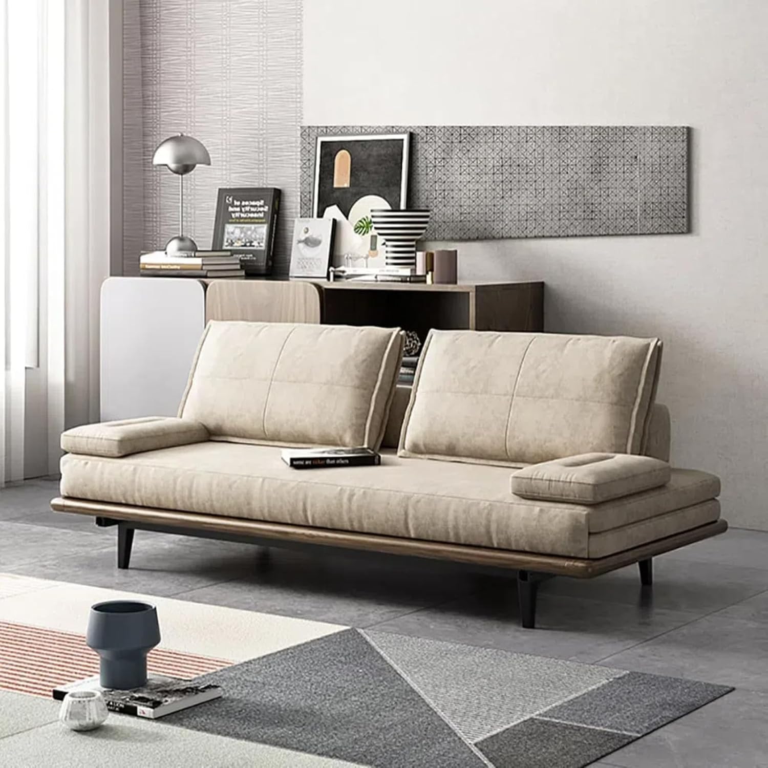 homary Modern Pull Out Sofa Bed - Khaki Convertible Couch, 78.7'' Mid Century Wood with Cotton & Linen