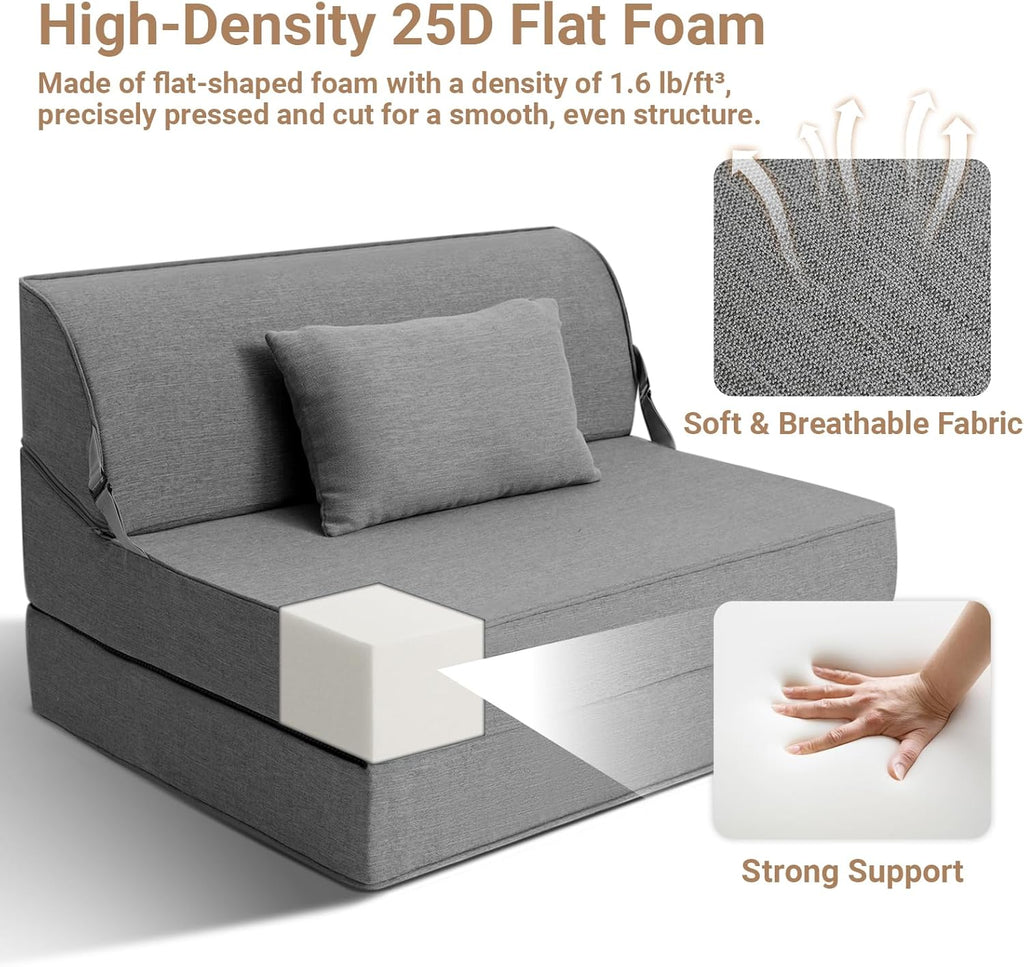 BeBen Folding Sofa Bed Chair, Convertible Sleeper Chair Futon Couch, Foldable Boneless Floor Lounge Sofa, Twin Foam Chair Bed for Small Spaces, Dorm, Guest Room, Living Room, Apartment, Dark Grey