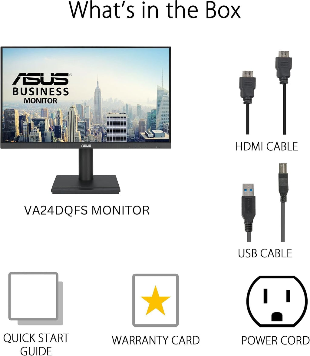 ASUS 24' 1080P Business Monitor (VA24DQFS) - IPS, 100Hz, 1ms, Adaptive-Sync, HDMI, DisplayPort, VGA, for Working and Gaming, Ergo Design, Blue Light Filter, Flicker Free, 3 yr Warranty TAA Compliant