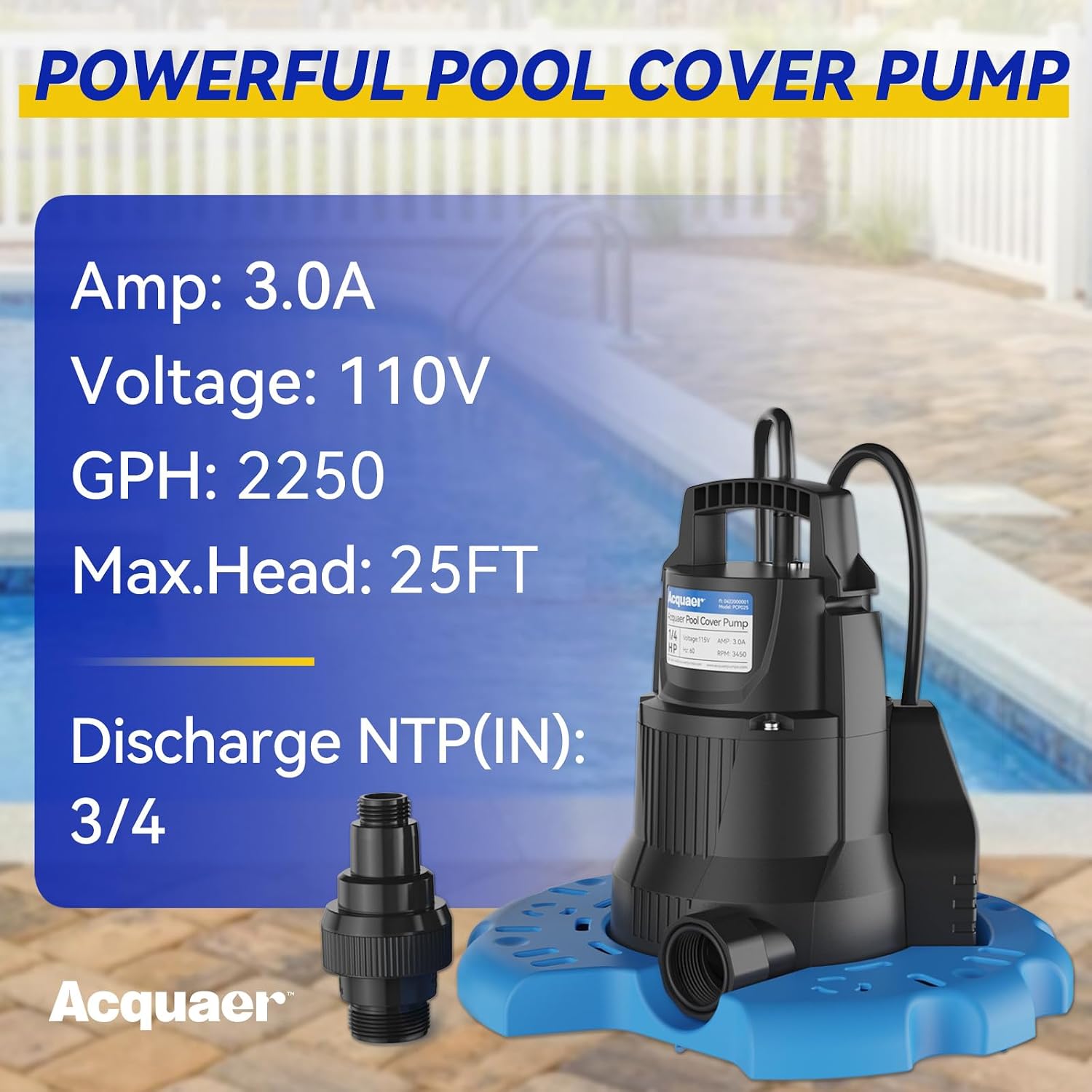 Acquaer 1/4 HP Automatic Swimming Pool Cover Pump, 2250 GPH Submersible Sump Pump with 3/4' Check Valve Adapter & 25ft Power Cord, Water Removal for Pool, Hot Tubs, Rooftops, Water Beds and more