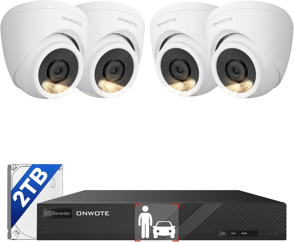 ONWOTE 8 Channel NVR PoE Security Camera System, 4X 6MP Wired Outdoor IP Cameras, AI Human Vehicle Detection Tigger Color Night Vision, 122° FoV, 8CH 4K 8MP NVR 2TB, CCTV Kit for Home Businesses