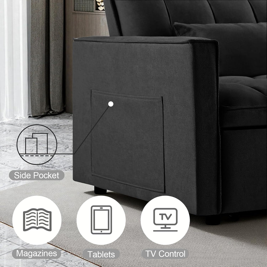Convertible Sofa Bed, Pull Out Sofa Bed with Adjustable Backrest, 3 in 1 Velvet Fabric Loveseat Sleeper Sofa Bed Couch with Side Pockets for Living Room, Bedroom, Apartment, Black