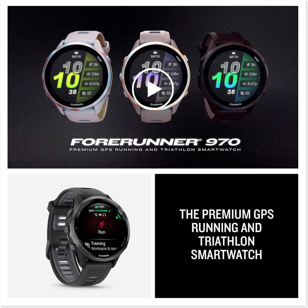 Garmin Forerunner 970 Premium Triathlon GPS Smartwatch, Titanium | Bright AMOLED Display, Built-in Mapping, Training Readiness with Signature Series Modern Power Stand Bundle