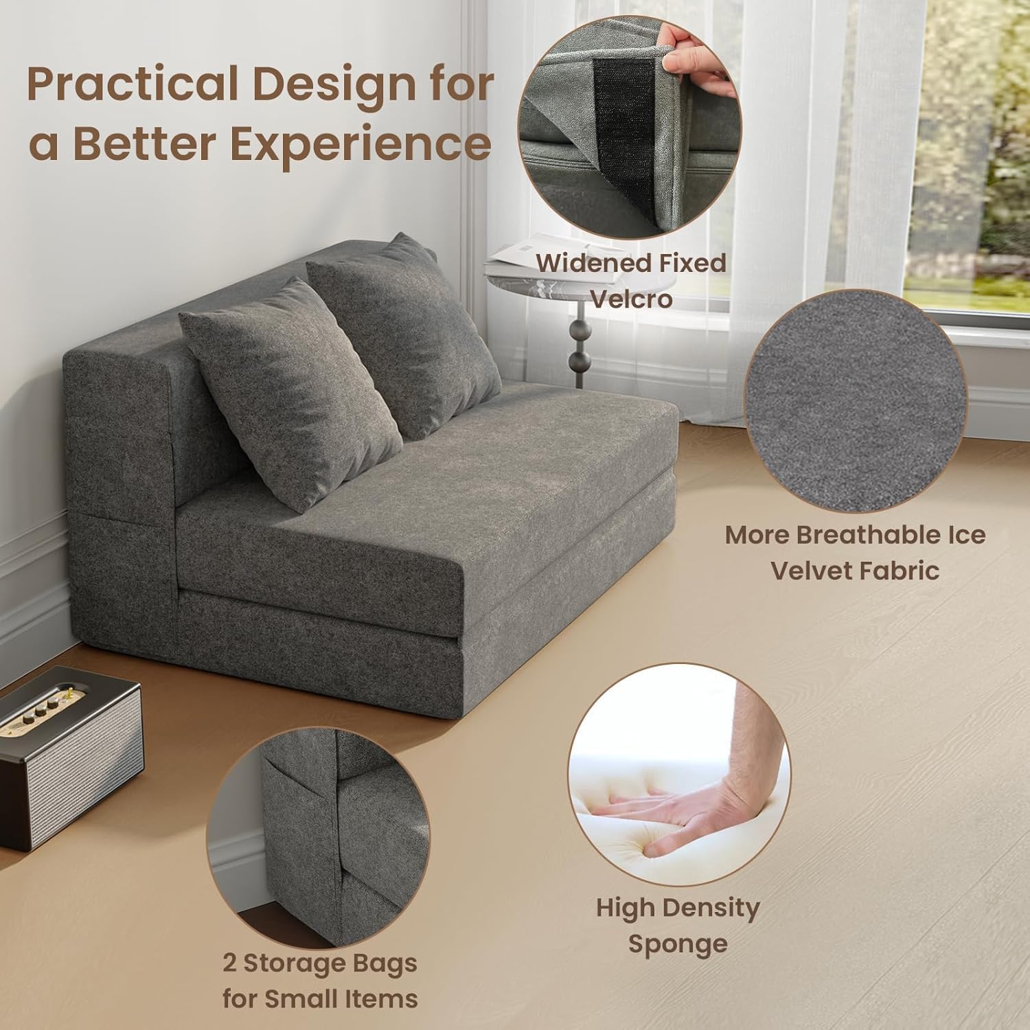 5-in-1 Convertible Folding Sofa Bed - Sleeper Chair with Pillows, Fold Out Chair Bed Futon Couch, Foldable Floor Mattress for Living Room/Dorm/Guest Use/Home Office/Apartment, Twin, Dark Grey
