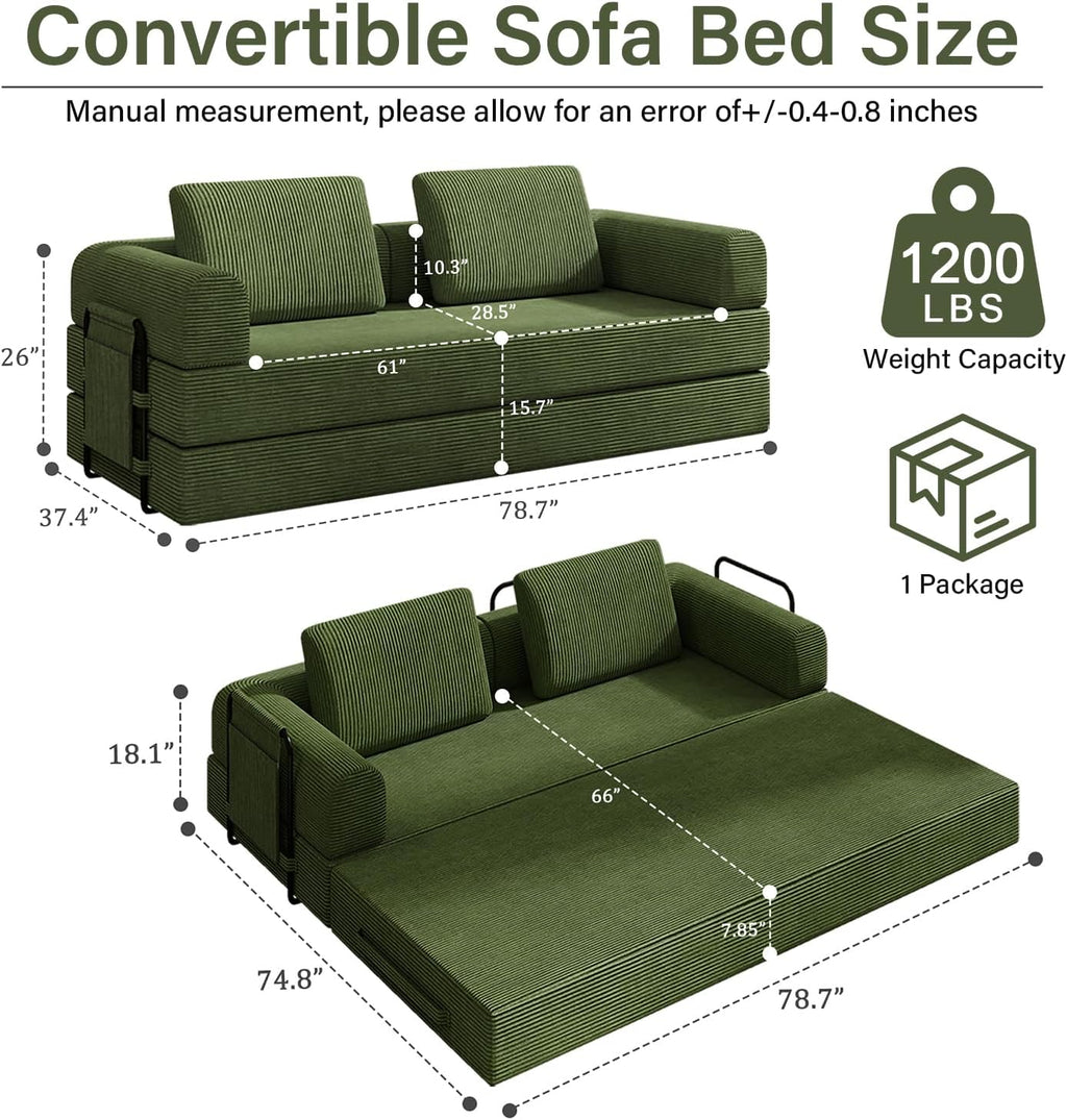78'' Sleeper Couch Bed for Living Room, Convertible Modular Sofa with Fixed Frame and Side Pocket, Corduroy Futon Boneless Couches in a Box, No Assembly, Green