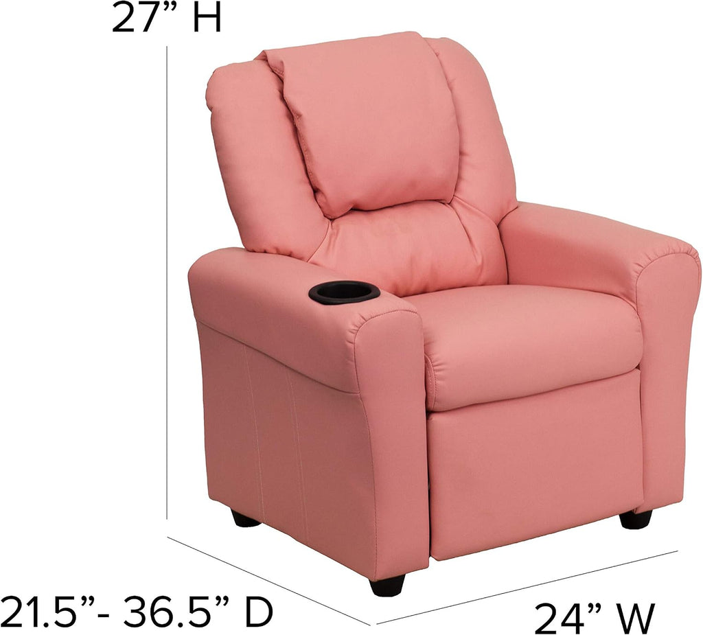 EMMA + OLIVER Pink Vinyl Kids Recliner with Cup Holder and Headrest