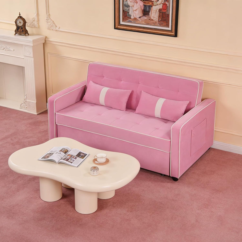 Convertible Velvet Sofa Bed with Pull-Out Bed & Side Storage Pockets, Modern Sleeper Sofa for Living Room, Apartment, Small Spaces, and Bedroom (Pink-1)