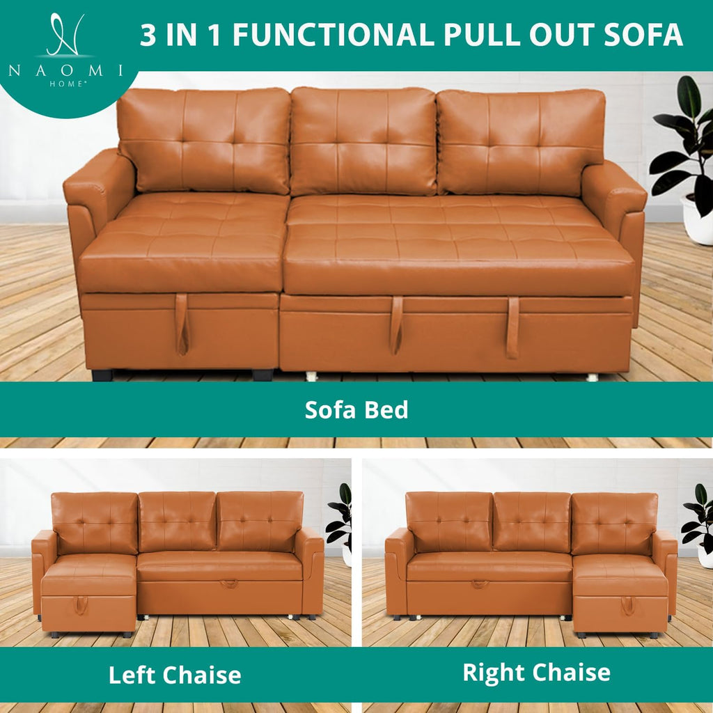 Naomi Home L Shaped Sectional Couch with Storage & Pull Out Bed – 3-in-1 Convertible Sleeper Sofa Bed, Small L Shape Sofa for Living Room, Sofa Bed with Storage Chaise in Caramel, Air Leather