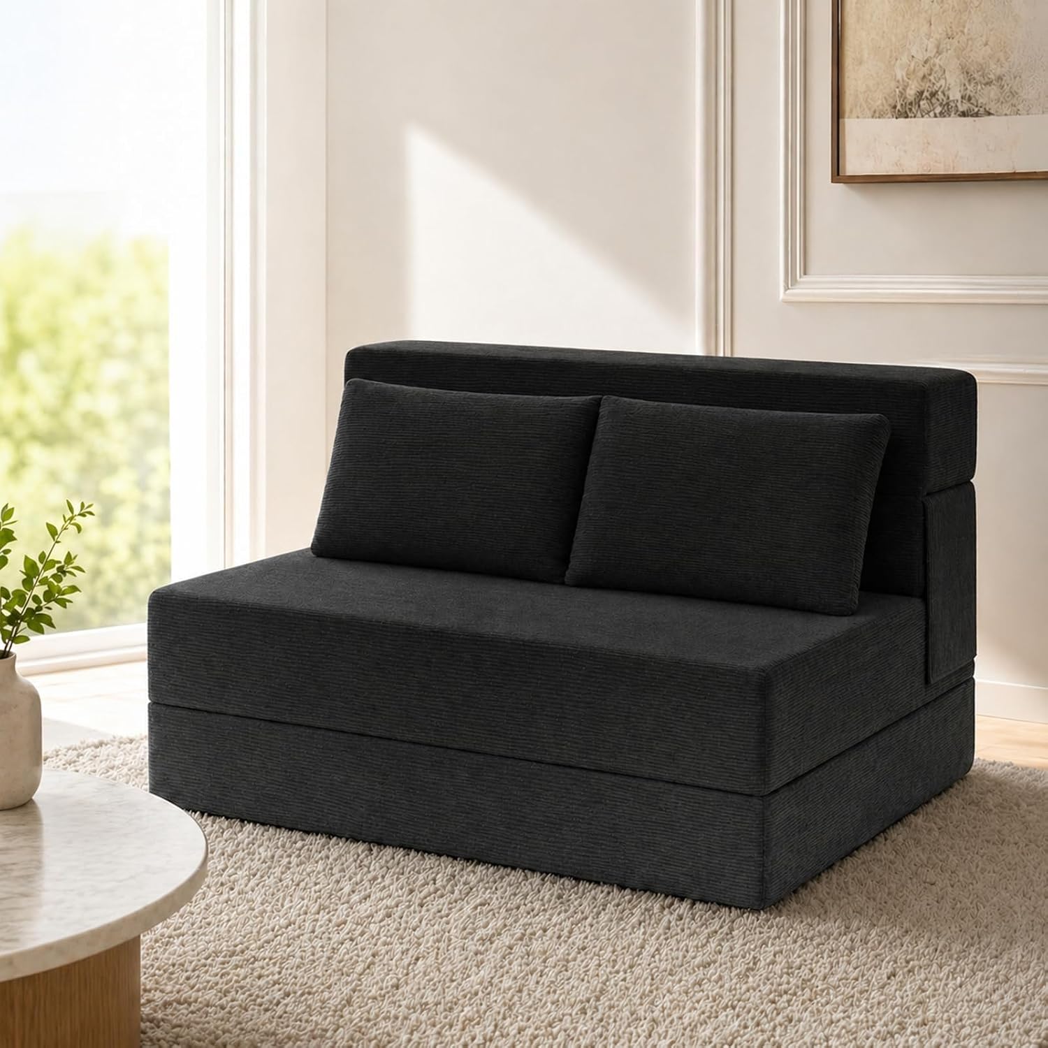 Folding Sofa Bed,Convertible Sleeper Chair with Pillow, Loveseat Fold Out Chair Bed, Memory Foam Floor Couch Mattress, Foldable Futon Couch Lounge for Living Room (Black-Corduroy, Twin)