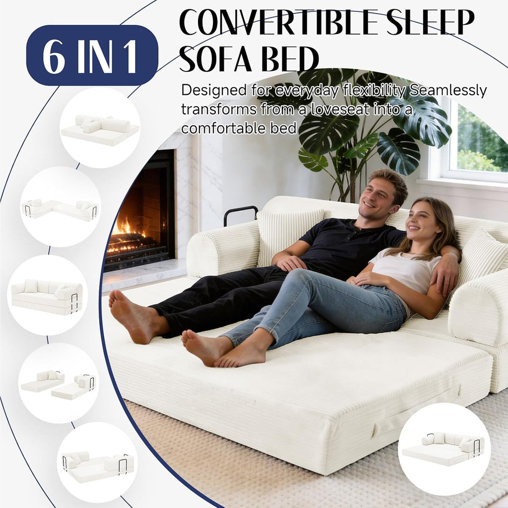 79'' Convertible Sofa Bed, 6 in 1 Folding Floor Futon Couch Sleeper with Fixed Frame, Corduroy Modular Sofa Bed with Removable Armrests & Pillows, No Assembly for Living Room Bedroom (Beige White)