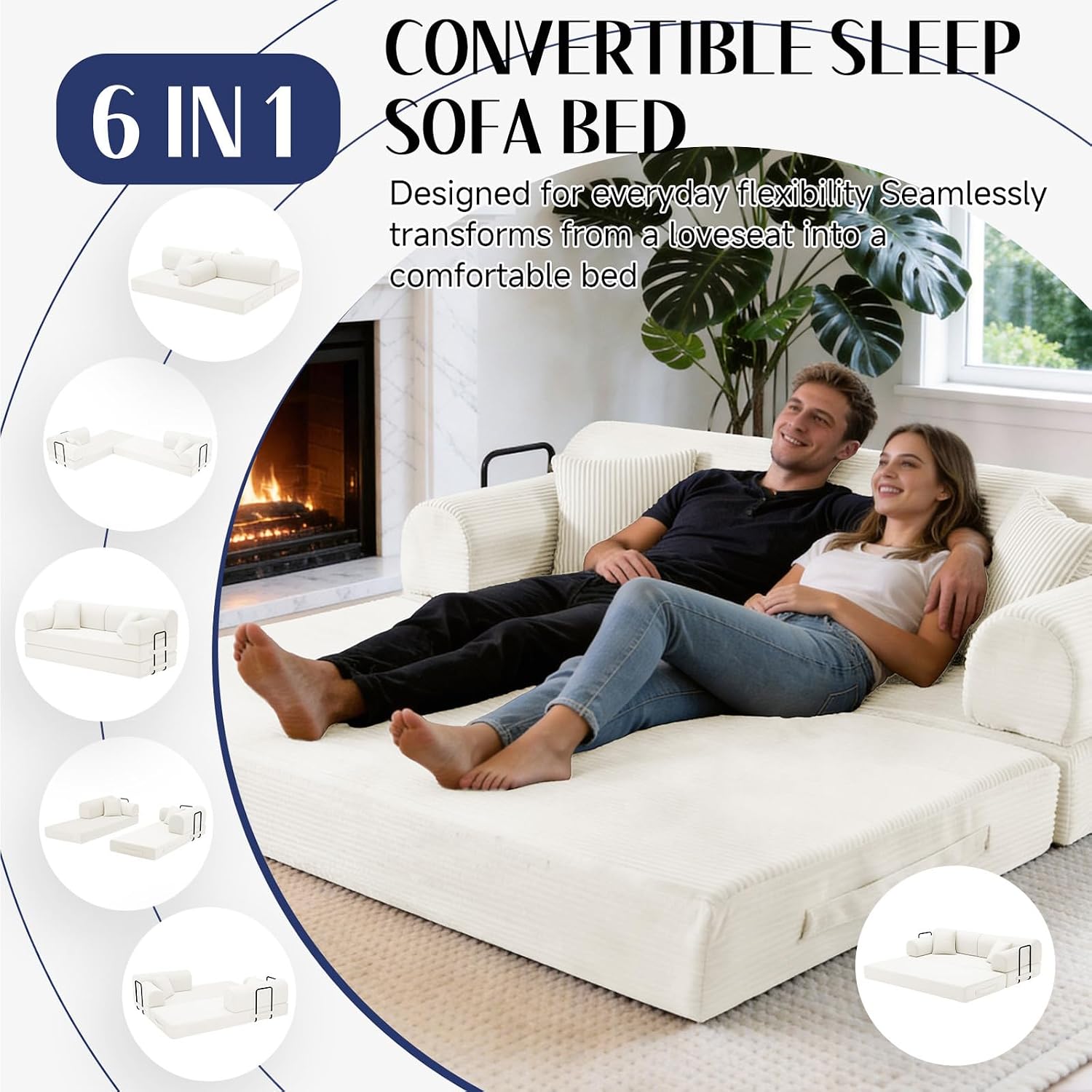 79'' Convertible Sofa Bed, 6 in 1 Folding Floor Futon Couch Sleeper with Fixed Frame, Corduroy Modular Sofa Bed with Removable Armrests & Pillows, No Assembly for Living Room Bedroom (Beige White)