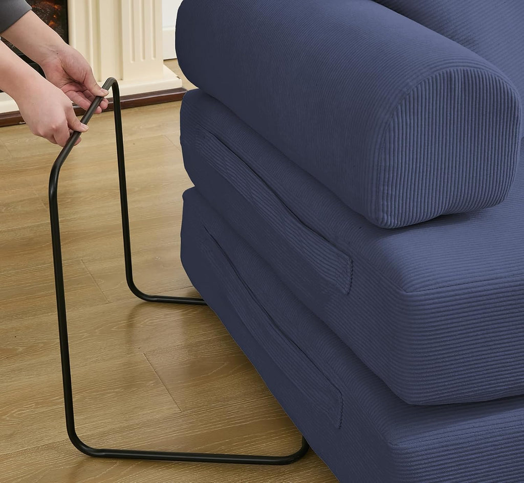 Convertible Folding Sofa Bed, Modular Floor Sofa with Removable Backrest, 3-Seater Fold Out Couch Bed with Pillows, King Size Futon Lazy Couch Corduroy Sleeper for Living Room, Dorm, Dark Blue