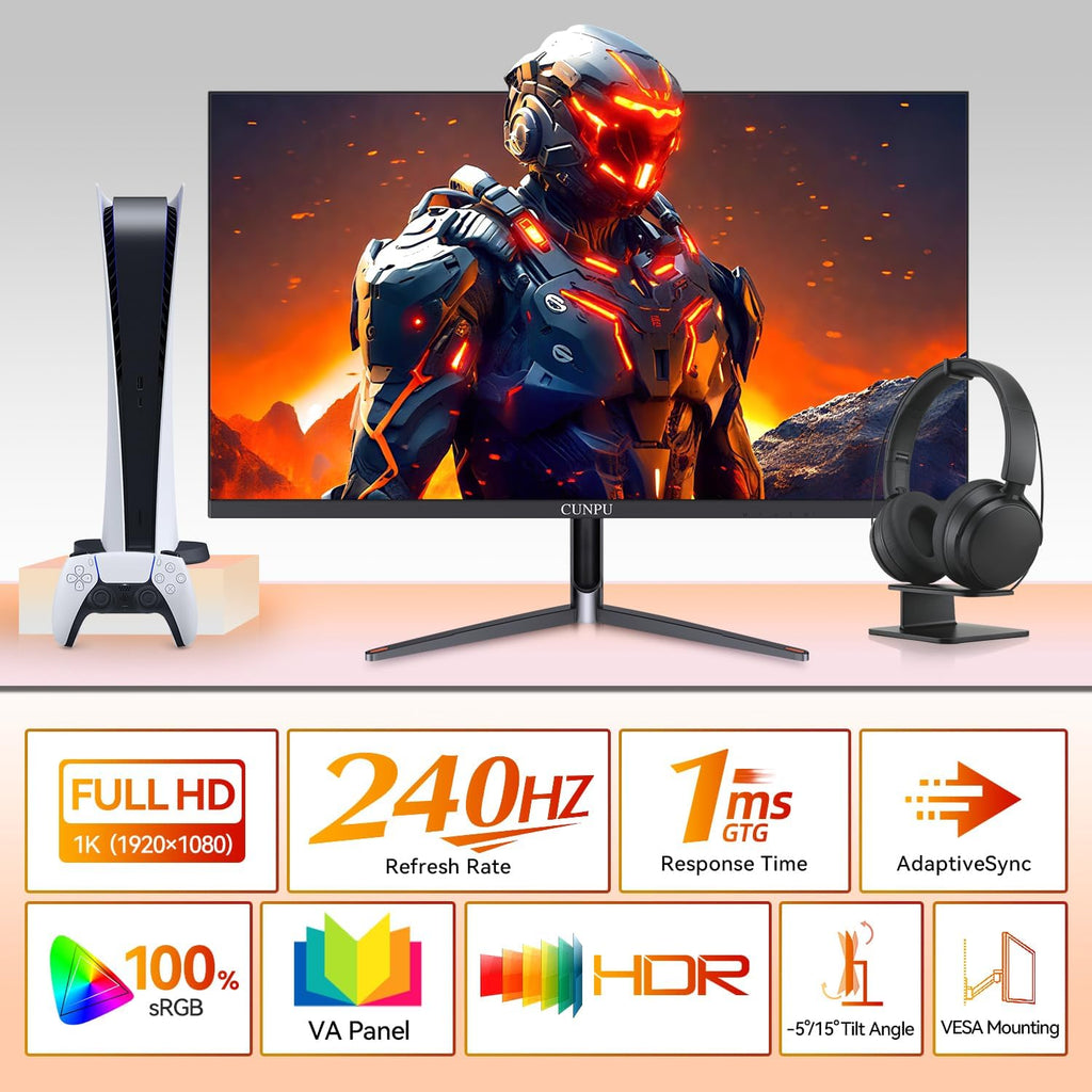CUNPU 24 Inch 240Hz Gaming Monitor, 1080p FHD, Fast VA Panel, 1ms Adaptive Sync, Ultra Slim Frame, 16.7M Colors, sRGB 100%, HDMI 2.1 & DP 1.4, VESA, Eye Care, for PS5, Xbox, Gaming Computer Monitor