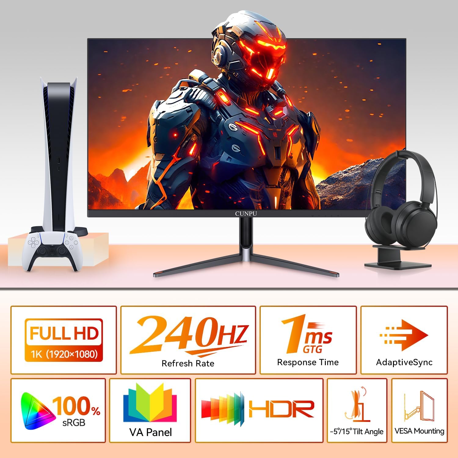 CUNPU 24 Inch 240Hz Gaming Monitor, 1080p FHD, Fast VA Panel, 1ms Adaptive Sync, Ultra Slim Frame, 16.7M Colors, sRGB 100%, HDMI 2.1 & DP 1.4, VESA, Eye Care, for PS5, Xbox, Gaming Computer Monitor