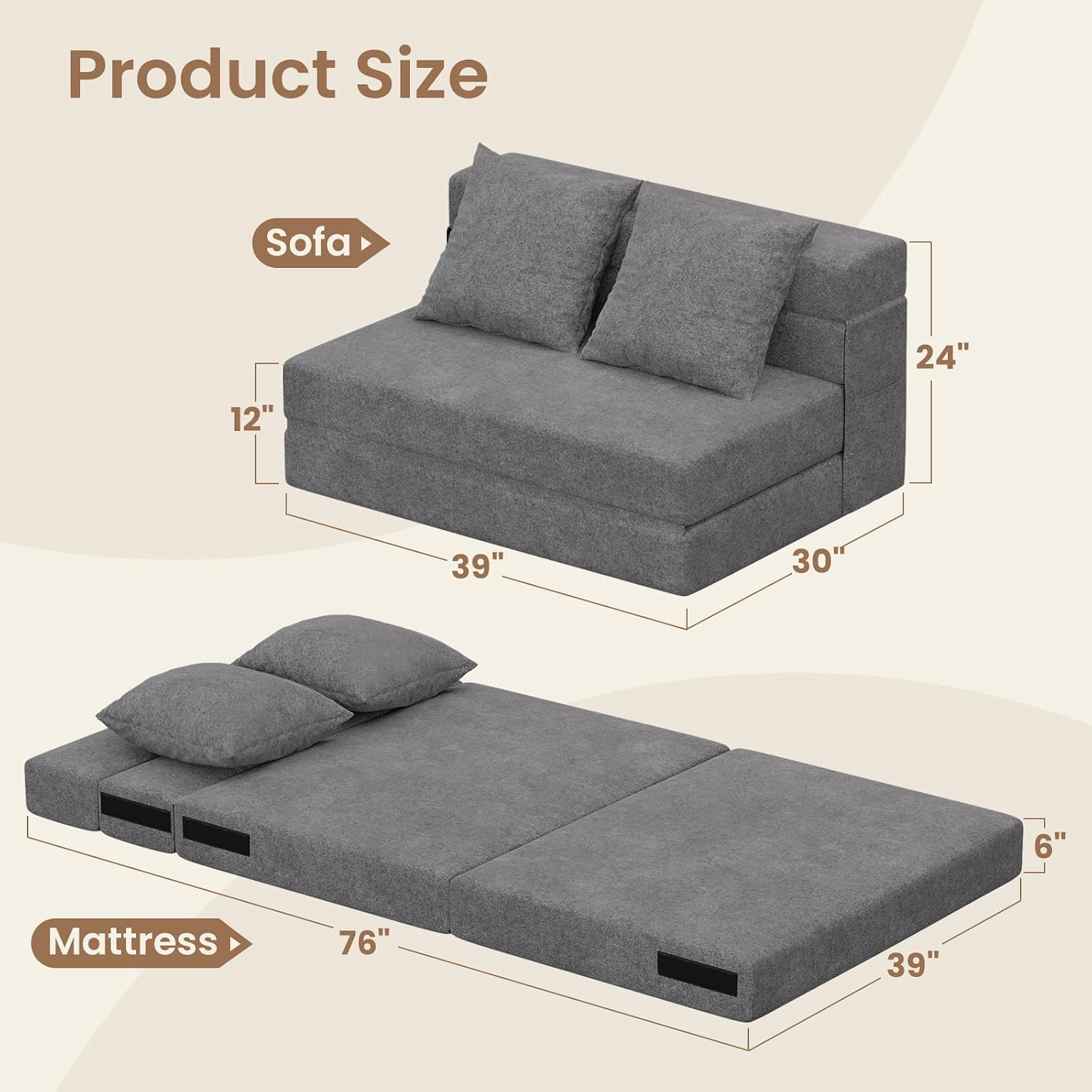 5-in-1 Convertible Folding Sofa Bed - Sleeper Chair with Pillows, Fold Out Chair Bed Futon Couch, Foldable Floor Mattress for Living Room/Dorm/Guest Use/Home Office/Apartment, Twin, Dark Grey