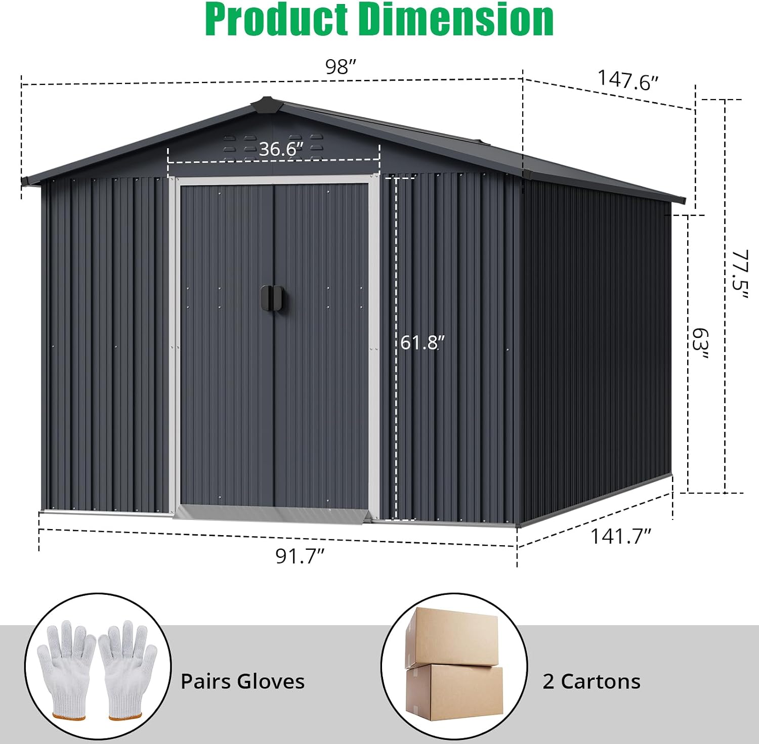 8x12 ft Outdoor Metal Storage Shed with Lockable Sliding Door & Sloping Roof, Galvanized Steel Frame Waterproof Garden Tool Shed for Backyard, Garden, Lawn - Ventilated Backyard Metal Sheds, Gray