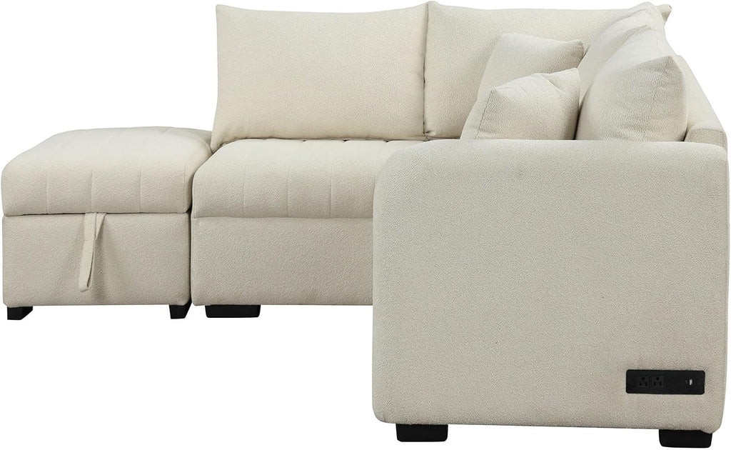 LUMISOL 82.6' Convertible Sleeper Sofa Bed with Storage Ottoman, L-Shaped Sectional Sofa with Charging Stations, Pull Out Sofa Couch with Chaise for Living Room, Apartment, Beige