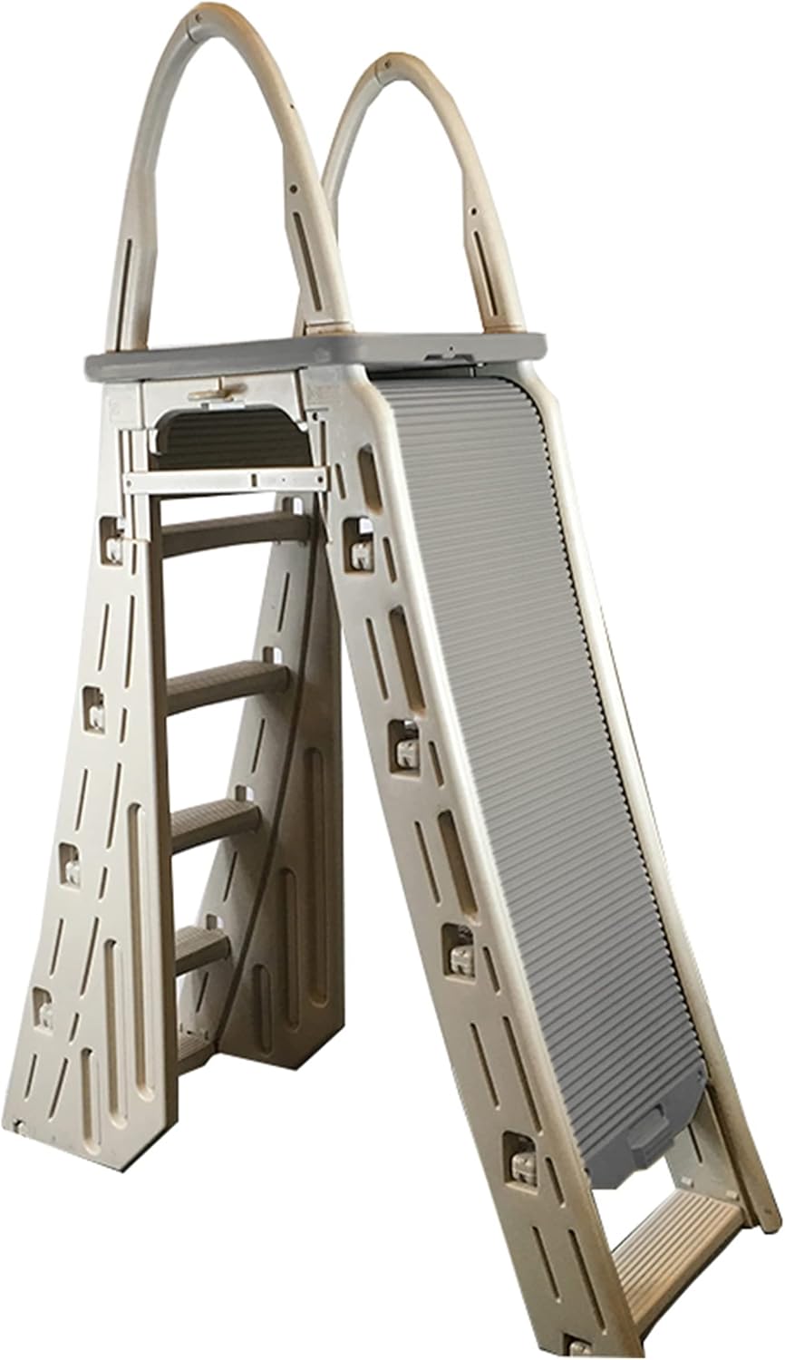 Confer Plastics 7200 Roll Guard 48' to 56' Adjustable A Frame Safety Above Ground Outdoor Patio Swimming Pool Platform Ladder with Step Barrier, Gray Deck & Tambour