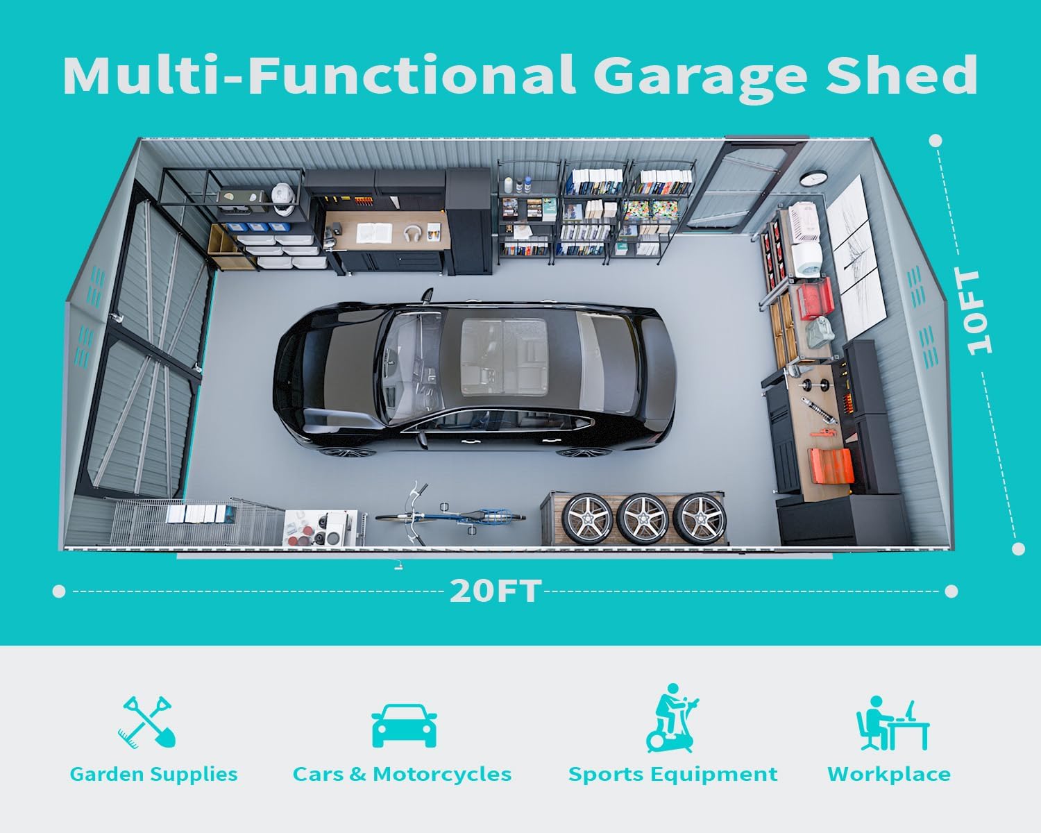 20 x 10 FT Outdoor Storage Shed, Large Metal Garden Shed with 2 Lockable Doors, Tool Shed Outdoor Storage with 4 Air Vents, Garage Shed Waterproof for Car, Truck, Bike, Garbage Can, Tool, Dark Gray