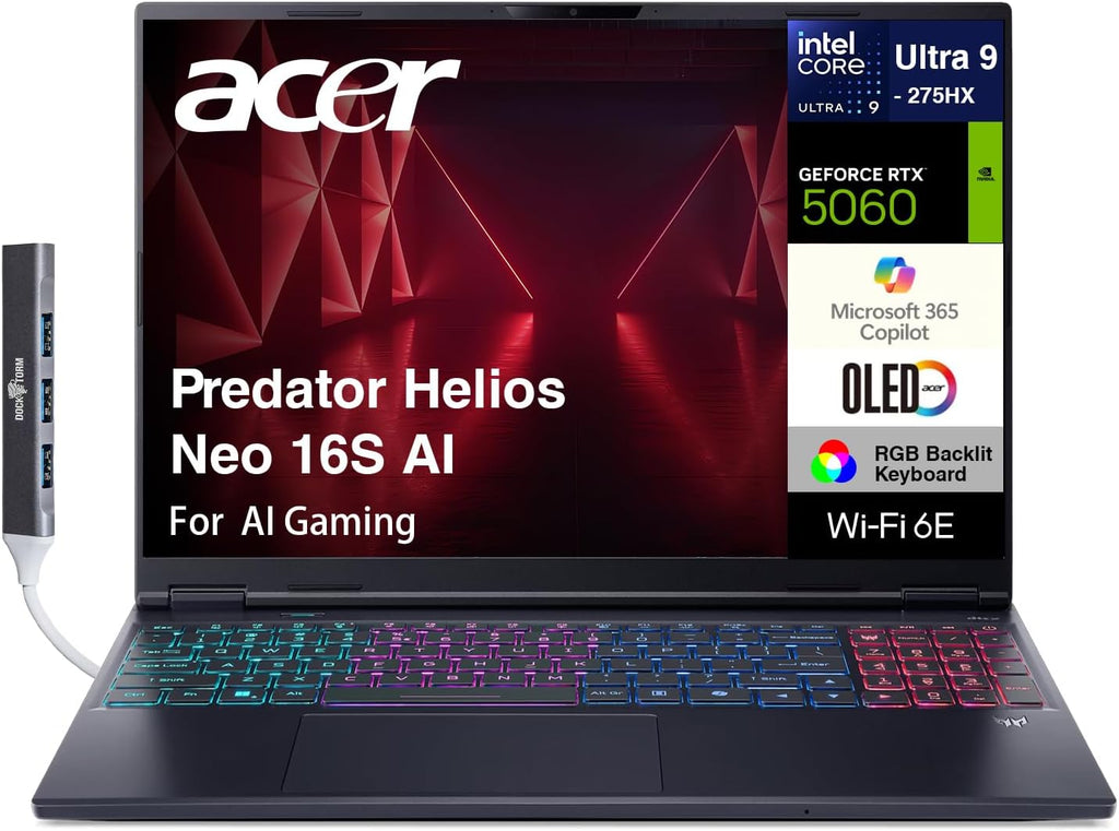 acer Predator Helios Neo 16S AI Gaming Laptop 16.0' 240Hz OLED WQXGA (Intel Ultra 9-275HX, GeForce RTX 5060 8GB, 32GB DDR5, 2TB PCIe SSD, Thunderbolt 4, Copilot, Win 11 Home) w/Dockztorm Hub