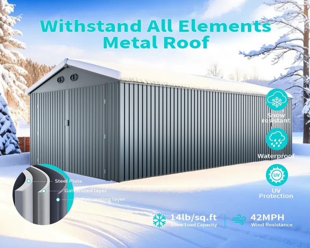 20 x 10 FT Outdoor Storage Shed, Large Metal Garden Shed with 2 Lockable Doors, Tool Shed Outdoor Storage with 4 Air Vents, Garage Shed Waterproof for Car, Truck, Bike, Garbage Can, Tool, Dark Gray