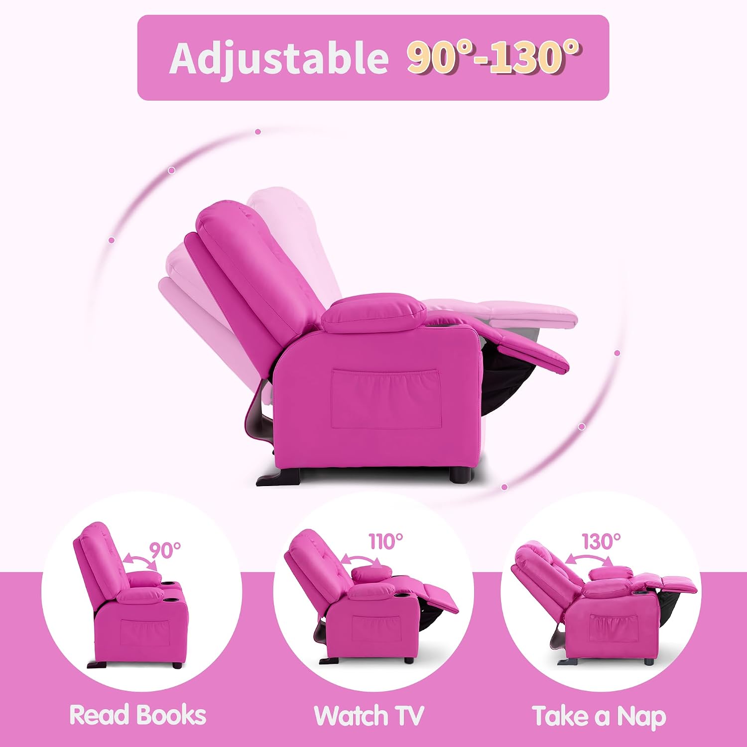 MCombo Big Kids Recliner for Ages 3+, Child Reclining Chair, Toddlers Recliner Sofa with Cup Holders, Faux Leather, 7322(Pink)