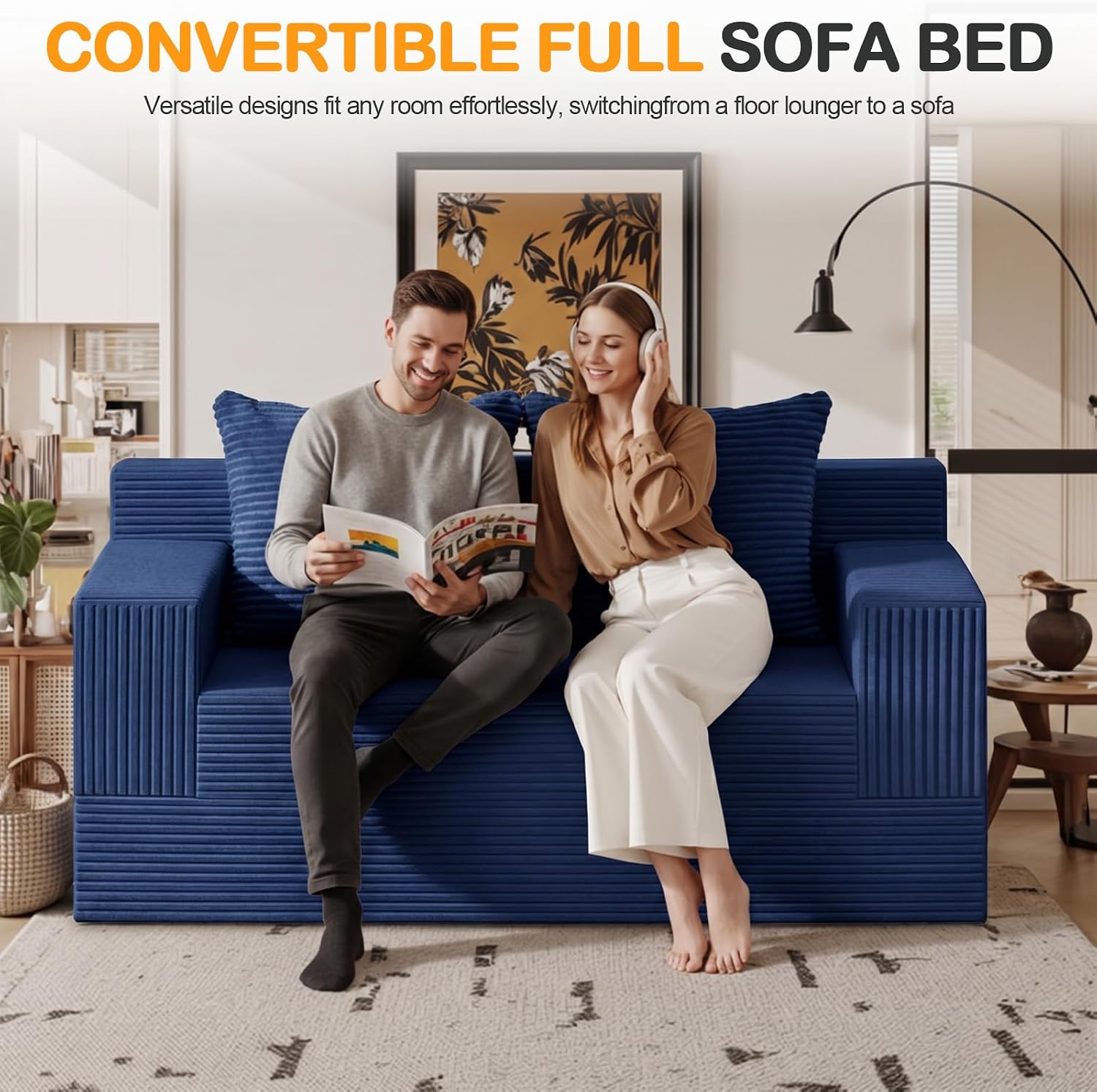 Erament Boneless Loveseat Convertible Sofa Bed, Folding Floor Futon Sleeper Sofa Couch Bed- Boneless Foldable Couch, Corduroy Pull Out Sofa Bed with 2 Pillows for Living Room & Bedroom