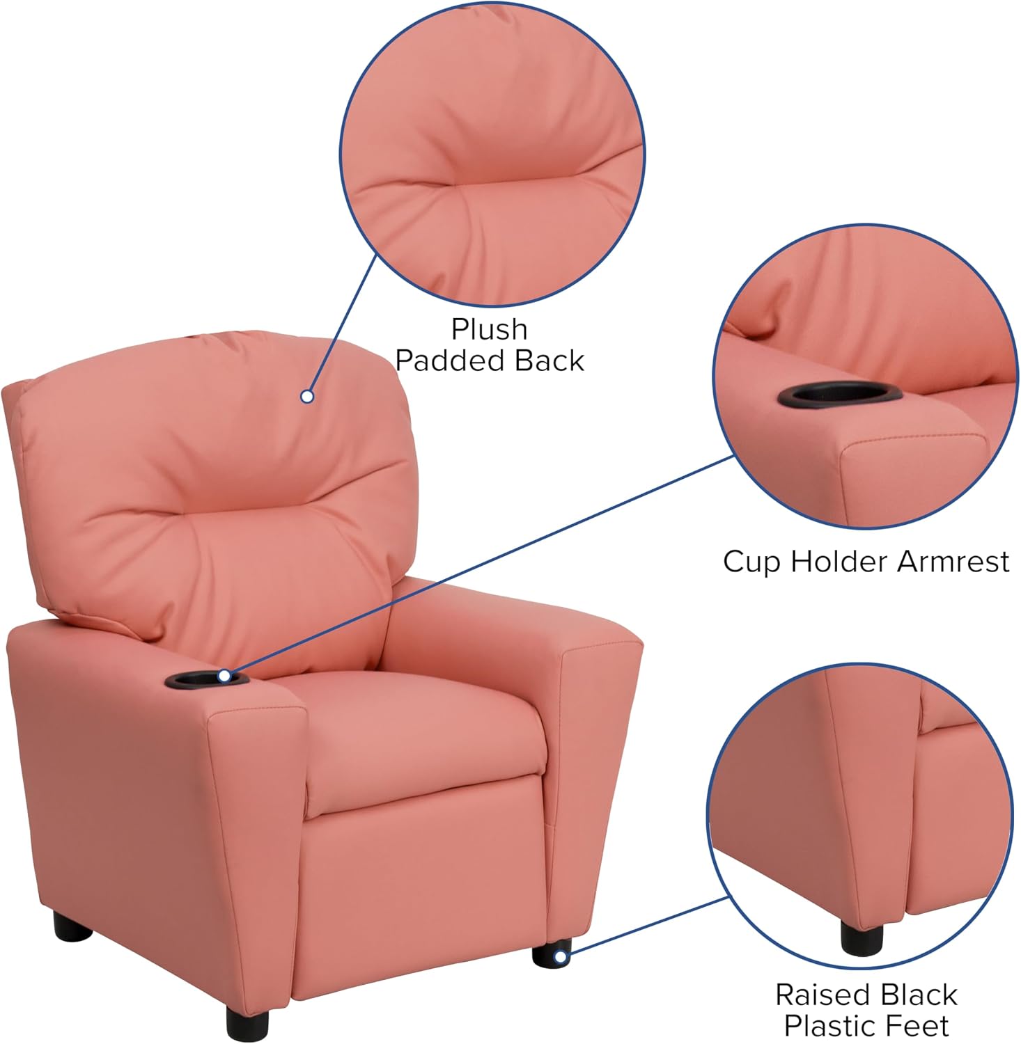 Flash Furniture Chandler Vinyl Kids Recliner with Cup Holder and Safety Recline, Contemporary Reclining Chair for Kids, Supports up to 90 lbs., Pink
