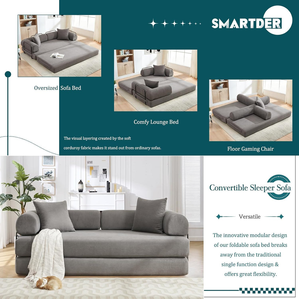 Convertible Folding Sofa Bed, Modular Floor Sofa with Removable Backrest, 3-Seater Fold Out Couch Bed with Pillows, King Size Futon Lazy Couch Corduroy Sleeper for Living Room, Dorm, Grey
