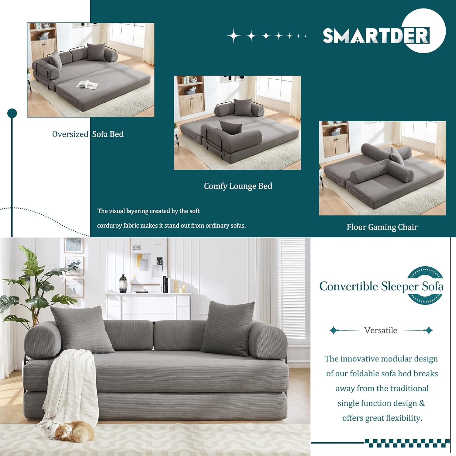 Convertible Folding Sofa Bed, Modular Floor Sofa with Removable Backrest, 3-Seater Fold Out Couch Bed with Pillows, King Size Futon Lazy Couch Corduroy Sleeper for Living Room, Dorm, Grey