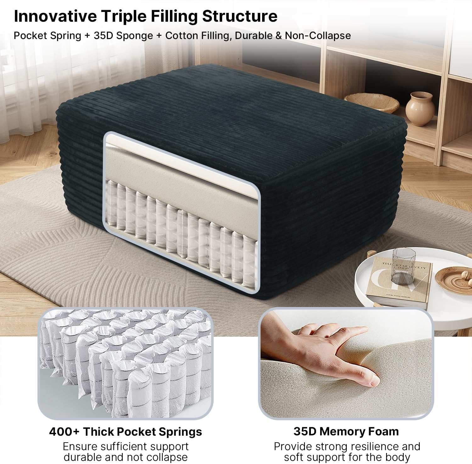 37'' Oversized Ottoman Bench, Plush Corduroy Poufs Foot Tool, Fluffy Boneless Couch Footrest Padded Seat, Seat Cube for Living Room No Assembly (Black)