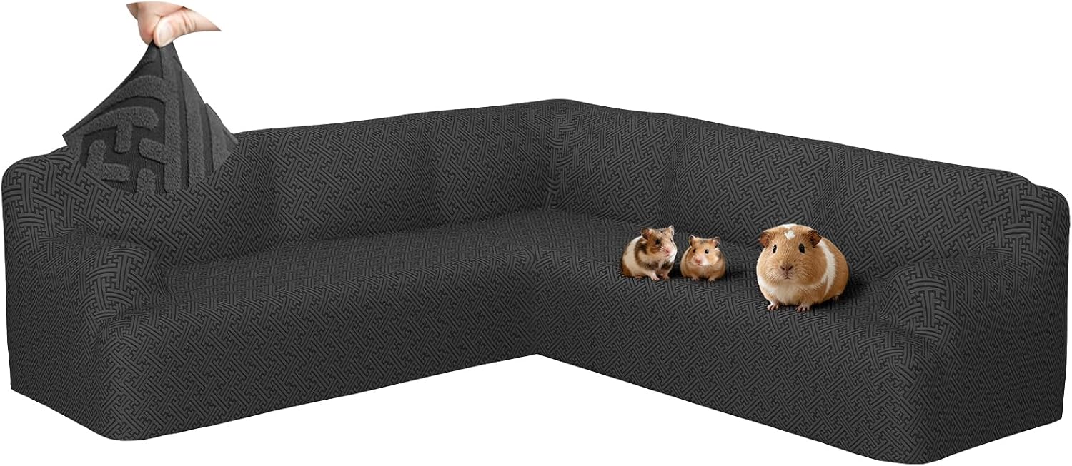 Sectional Couch Covers L Shape Sofa Cover 1-Piece Stretch Corner Couch Covers Non Slip Washable Sofa Slipcovers Soft Fleece Furniture Protector for Dogs Pet (Medium, Black)