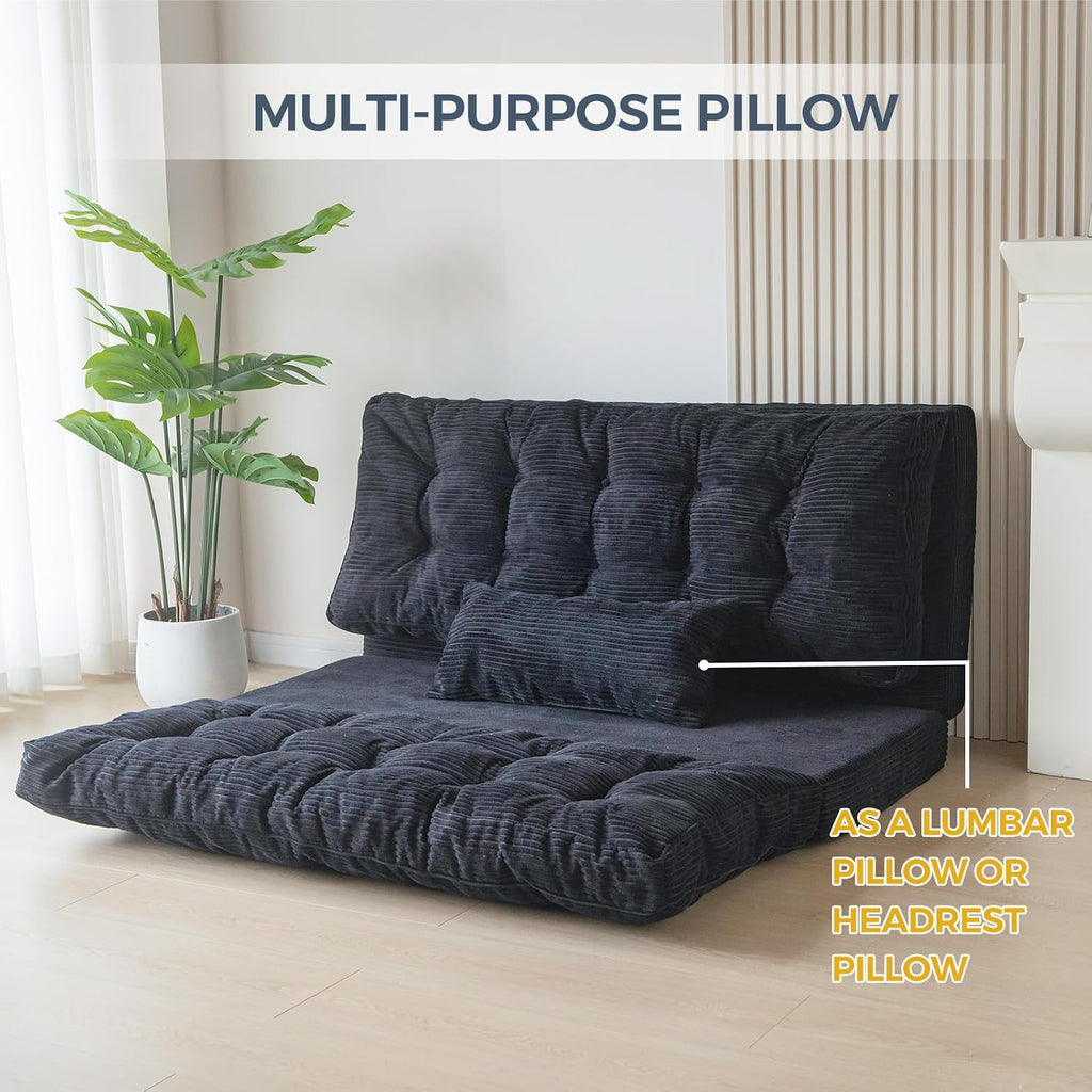 MAXYOYO Folding Sofa Bed, Tufted Bean Bag Bed with Pillows Floor Mattress for Adults, Extra Thick and Long Floor Sofa, Twin Couch for Bedroom Living Room, Black, 39x91 Inch