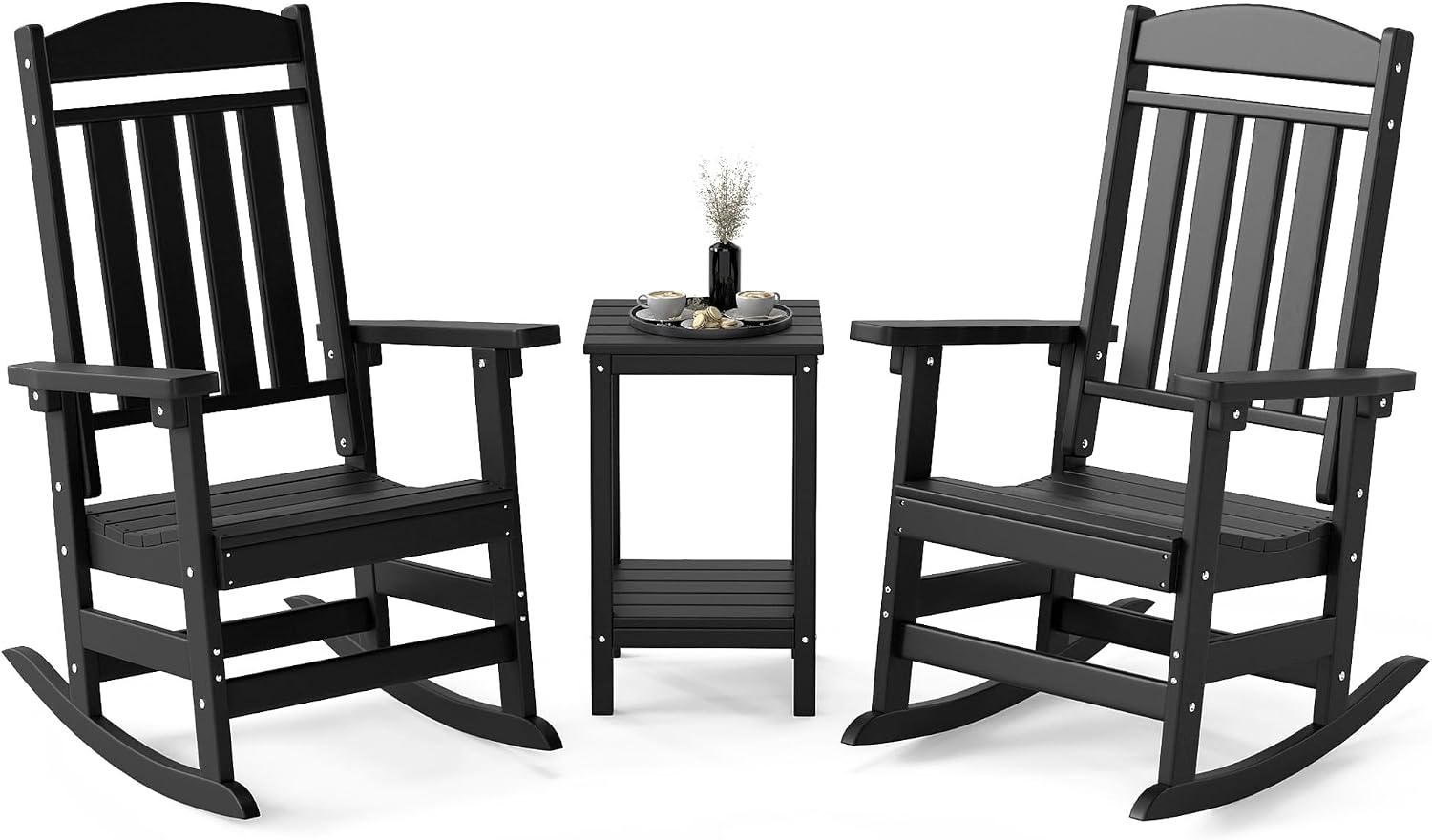 FOOWIN 3-Piece Outdoor Rocking Chairs Set, High Back Patio Rocker with Side Table, HDPE All Weather Resistant Oversized Rocking Chairs for Indoors, Porch, Patio, Backyard, Black (Black, 3-Set)