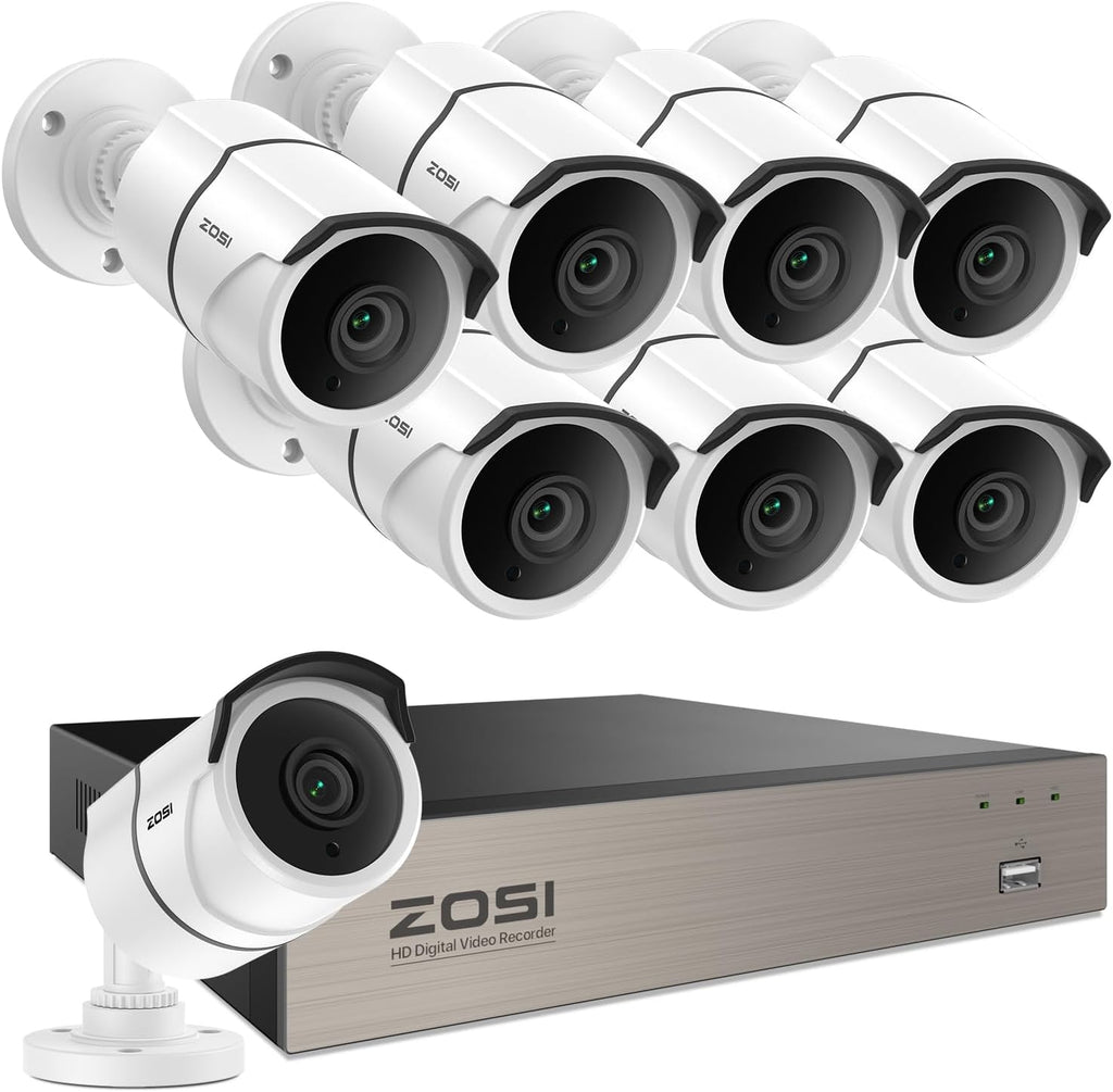 ZOSI 8CH Security Camera System, 8pcs 1080P Full HD Weatherproof Indoor Outdoor CCTV Wired Cameras, Human Vehicle Detection, Night Vision, 8 Channel Surveillance DVR System, NO Hard Drive