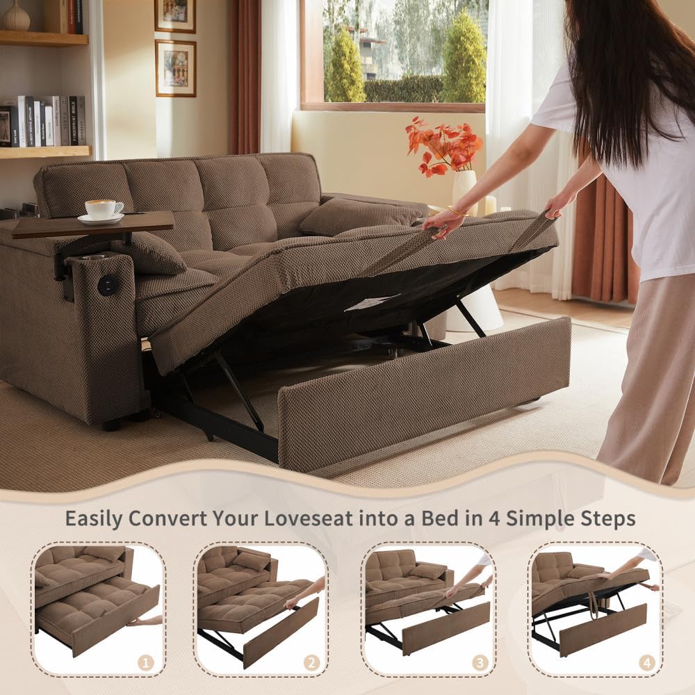 Auvsoce 65'' Convertible Sleeper Sofa Bed with Adjustable Backrest, Chaise Lounge, Side Table & USB/Type-C Ports – Stylish & Functional Addition to Any Living Room (Brown)