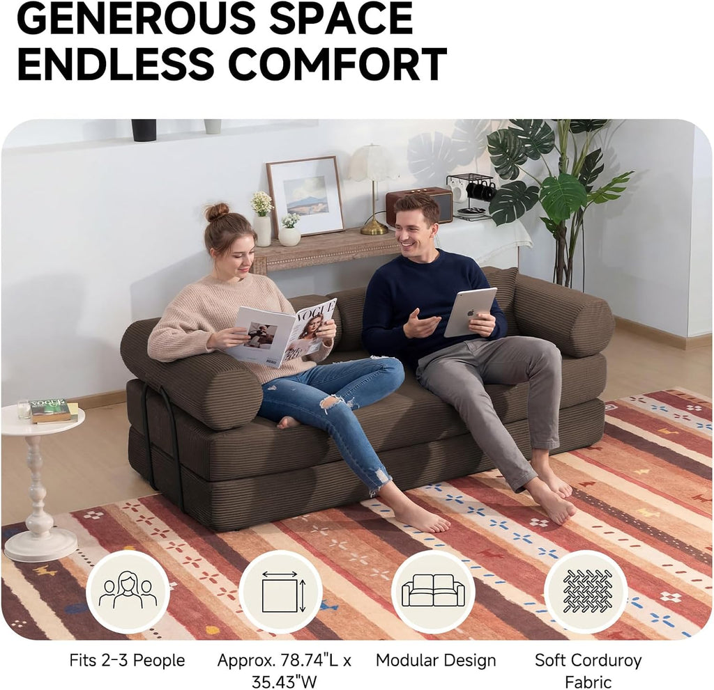 79' Boneless Couches for Living Room, Corduroy Sofa Bed with 2 Pillows,Side Pockets,Hex Arm, 5-in-1 Loveseat Sleeper Sofa for Small Spaces, High-Density Foam Couch, No Assembly, Brown