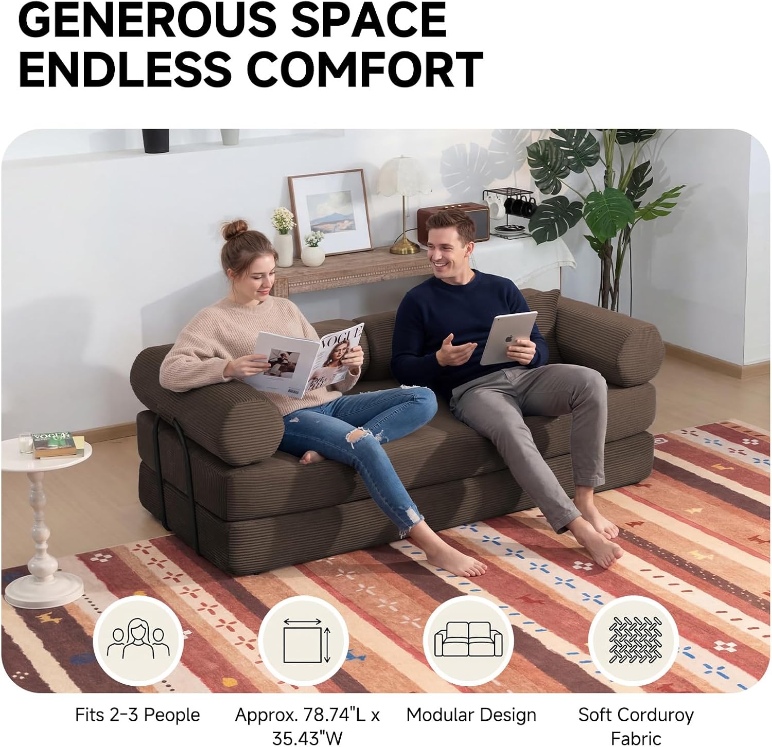 79' Boneless Couches for Living Room, Corduroy Sofa Bed with 2 Pillows,Side Pockets,Hex Arm, 5-in-1 Loveseat Sleeper Sofa for Small Spaces, High-Density Foam Couch, No Assembly, Brown